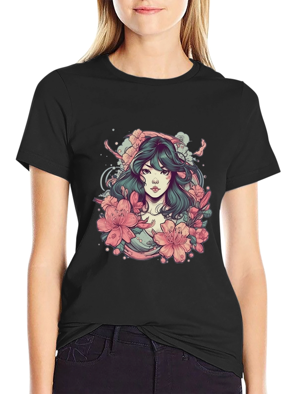 Floral Anime Girl Black T-Shirt
