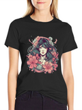 Floral Anime Girl Black T-Shirt