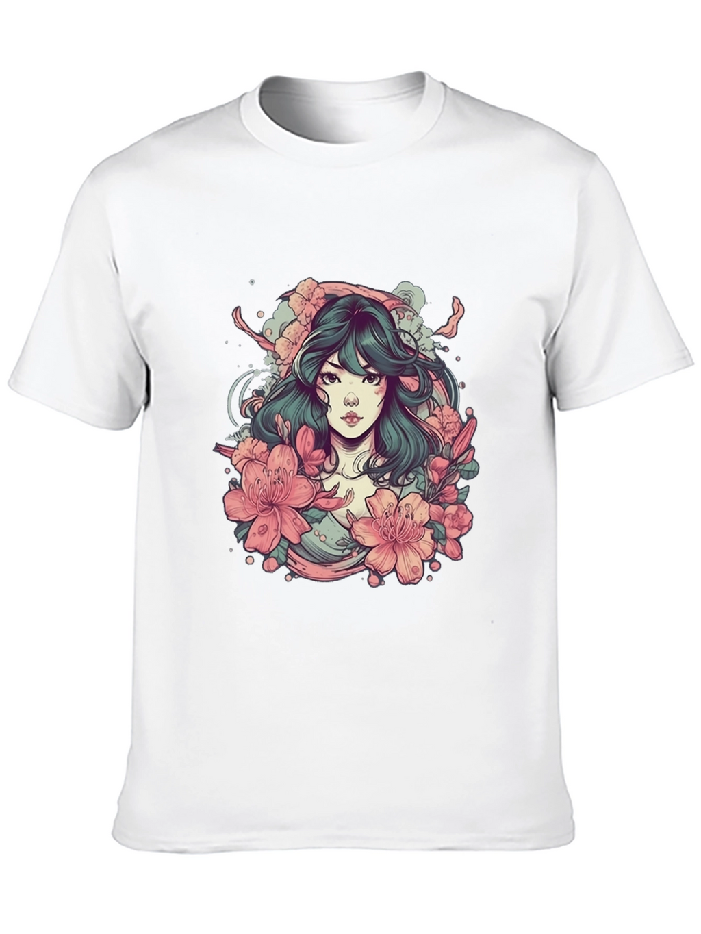 Floral Anime Girl Black T-Shirt