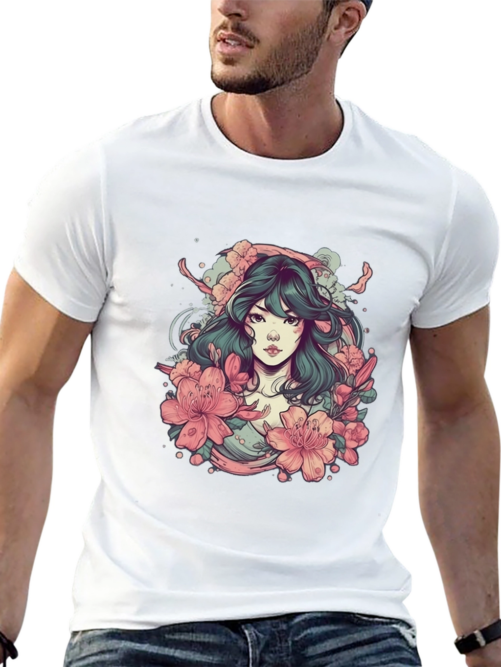 Floral Anime Girl Black T-Shirt
