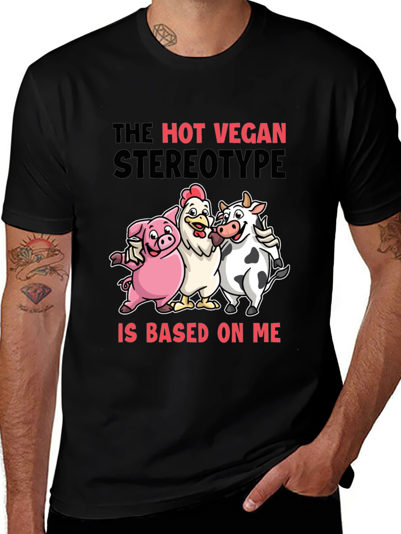 Hot Vegan Stereotype T-Shirt: Pig Chicken Cow Design