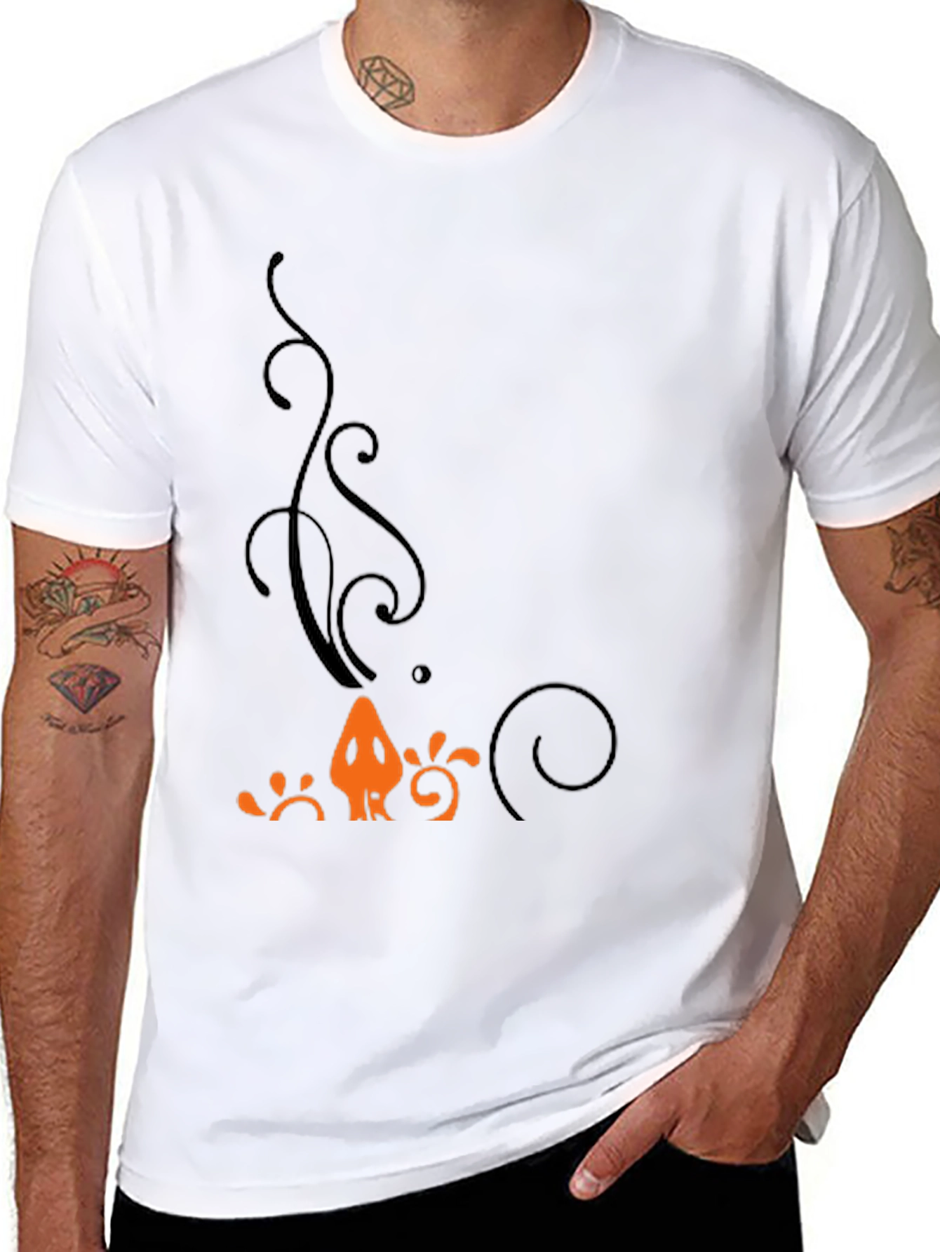 Mens Black T-Shirt with Orange Halloween-Themed Print