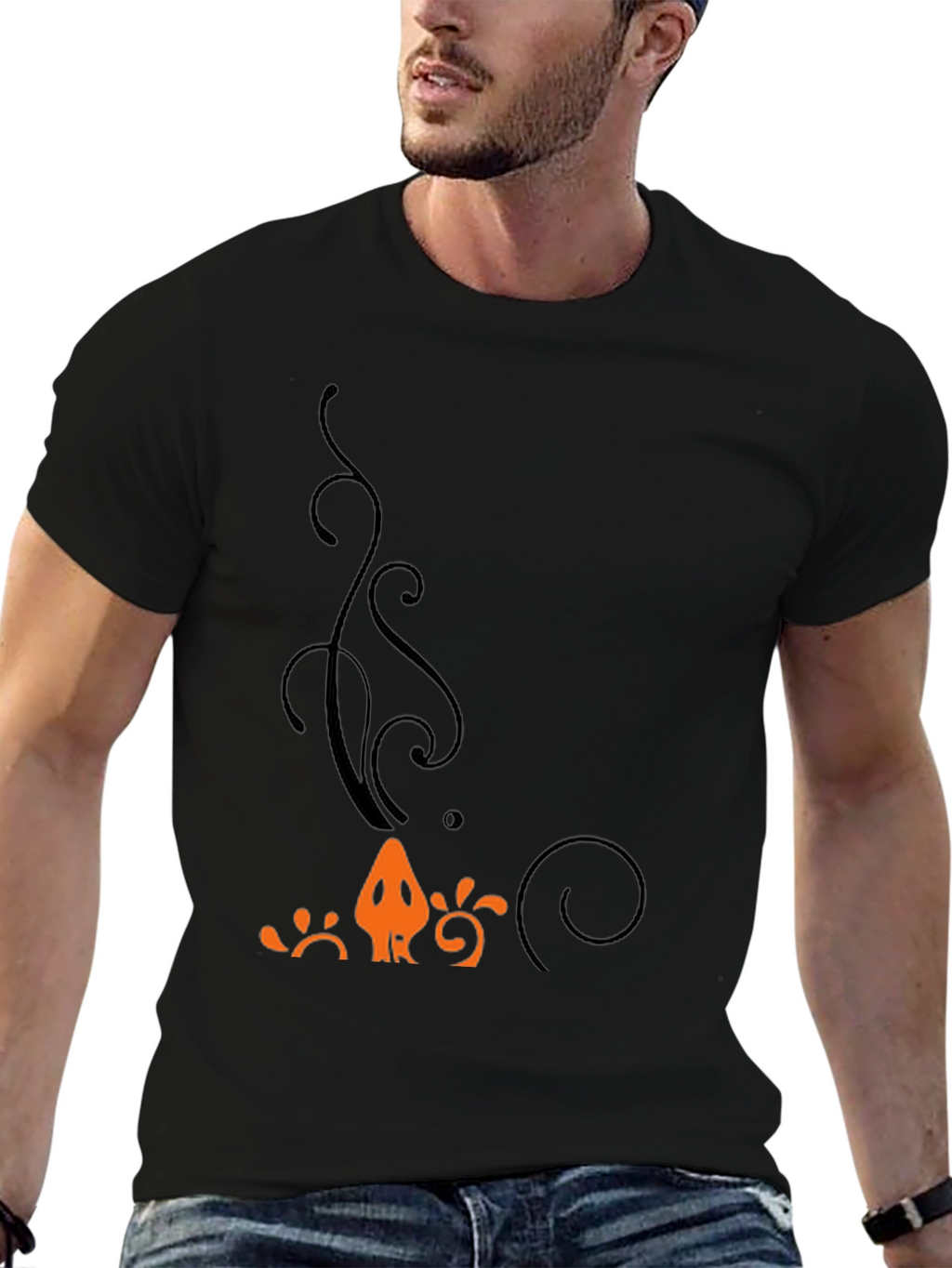 Mens Black T-Shirt with Orange Halloween-Themed Print