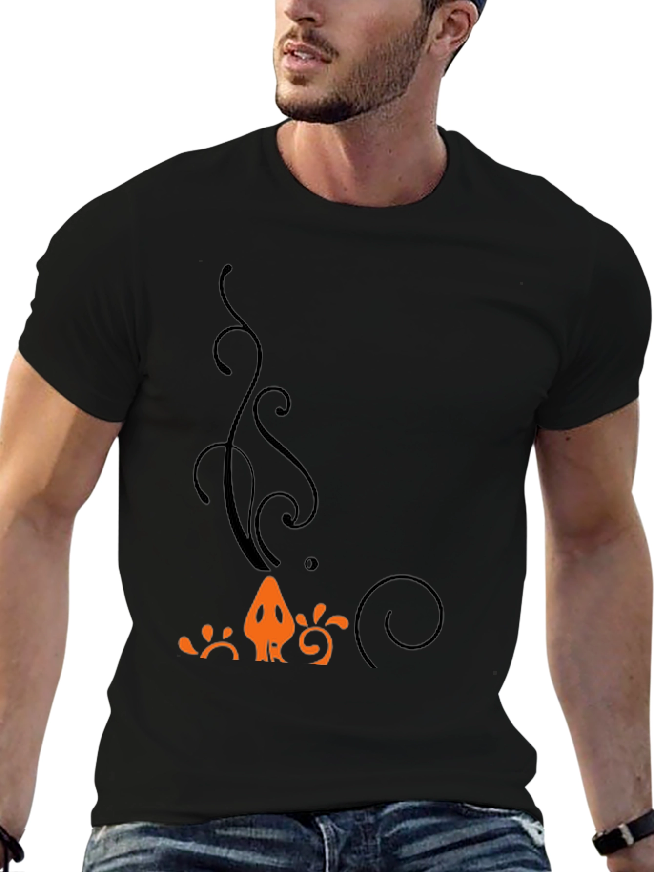 Mens Black T-Shirt with Orange Halloween-Themed Print