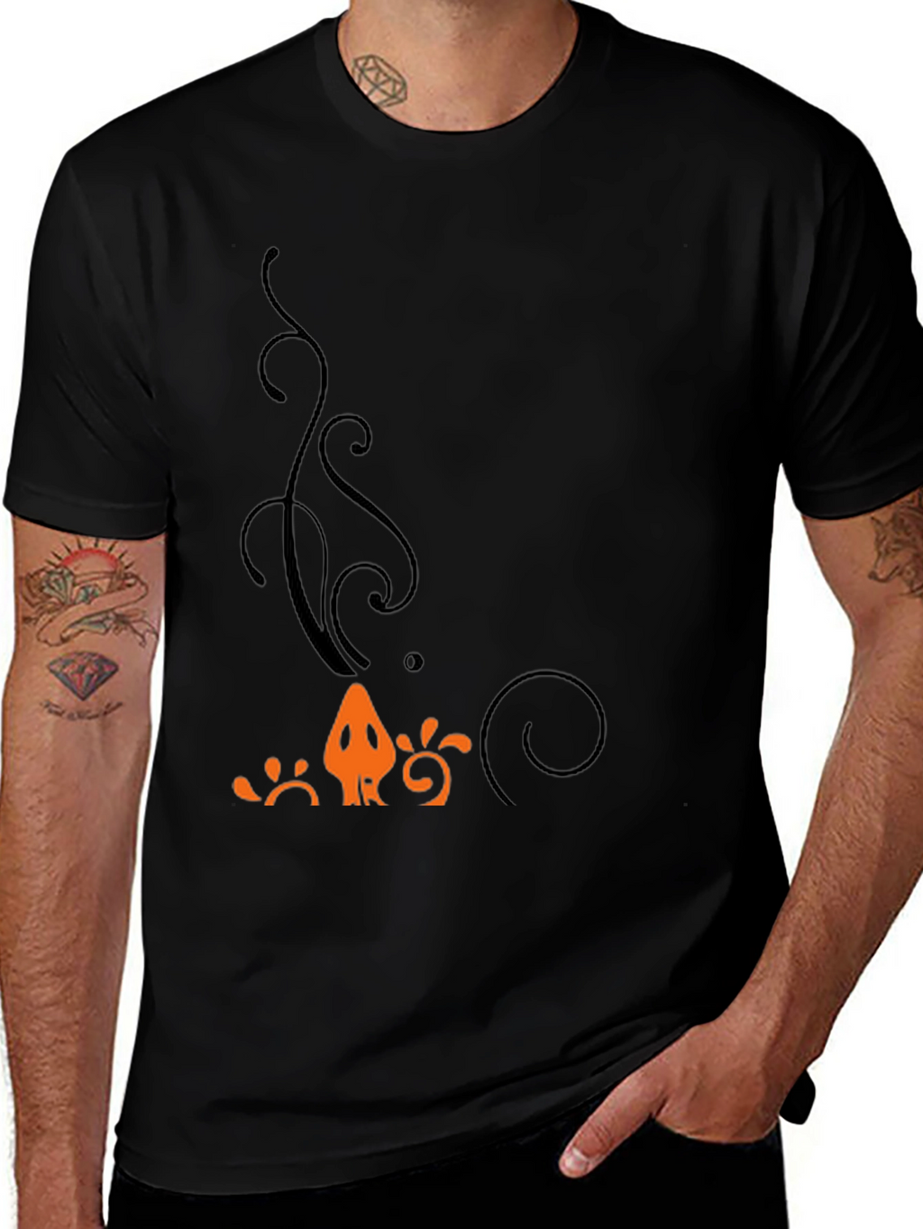 Mens Black T-Shirt with Orange Halloween-Themed Print