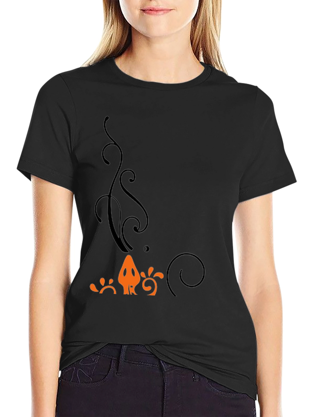 Mens Black T-Shirt with Orange Halloween-Themed Print