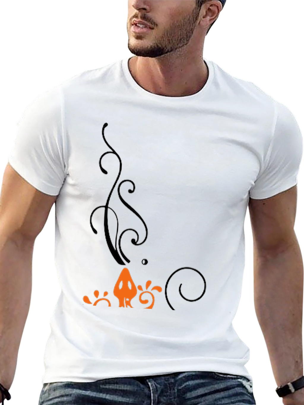 Mens Black T-Shirt with Orange Halloween-Themed Print