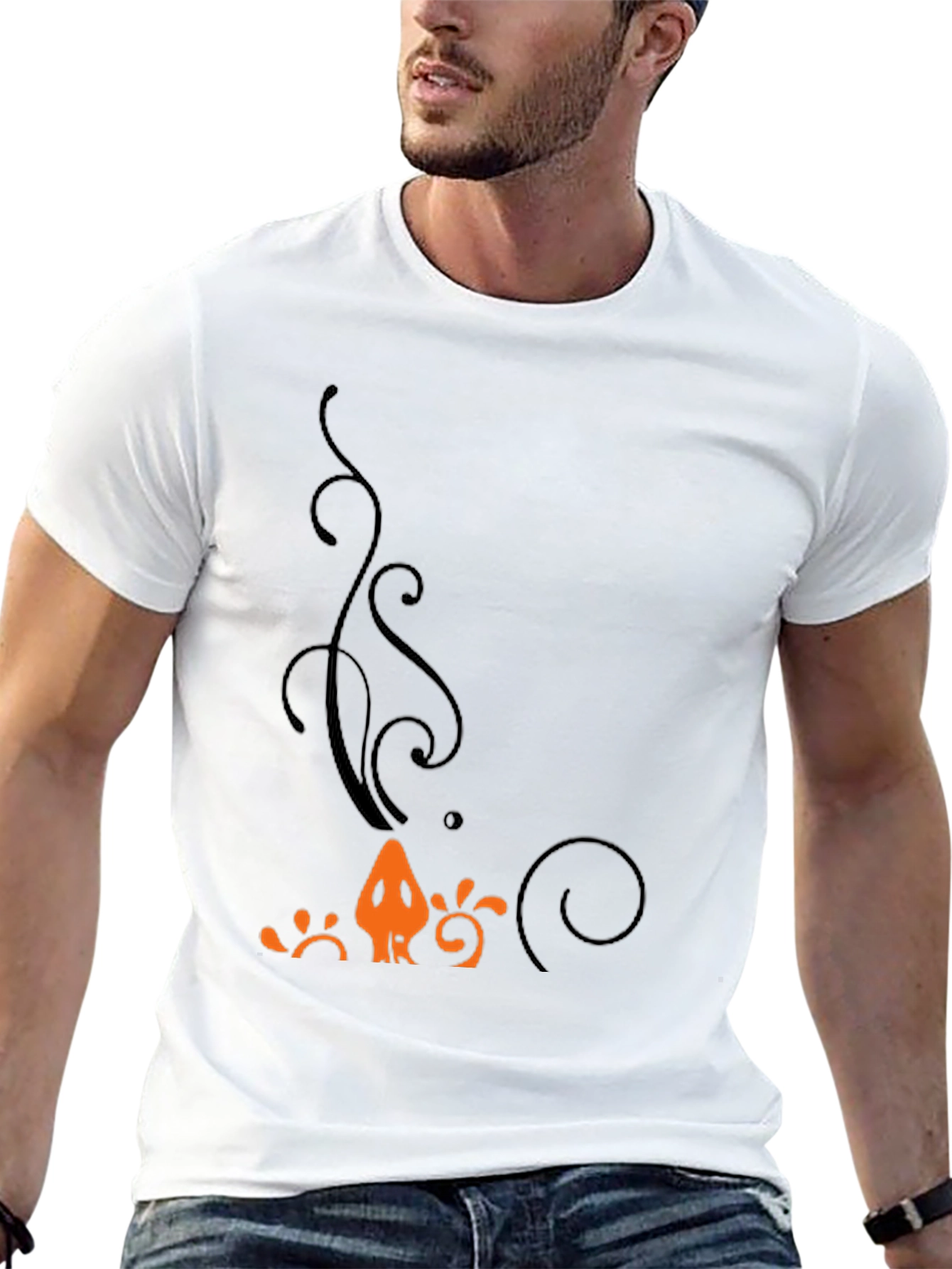 Mens Black T-Shirt with Orange Halloween-Themed Print