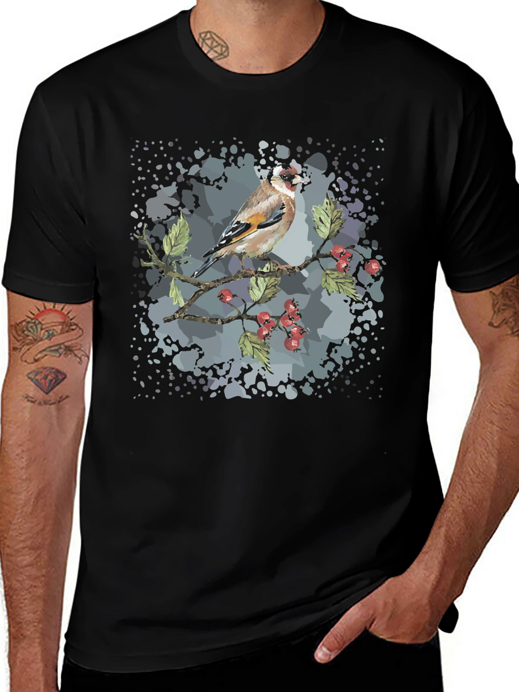 Goldfinch Bird Graphic Black T-Shirt