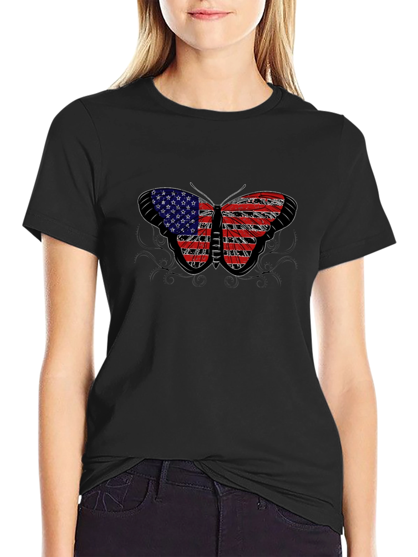 American Flag Butterfly Black T-Shirt