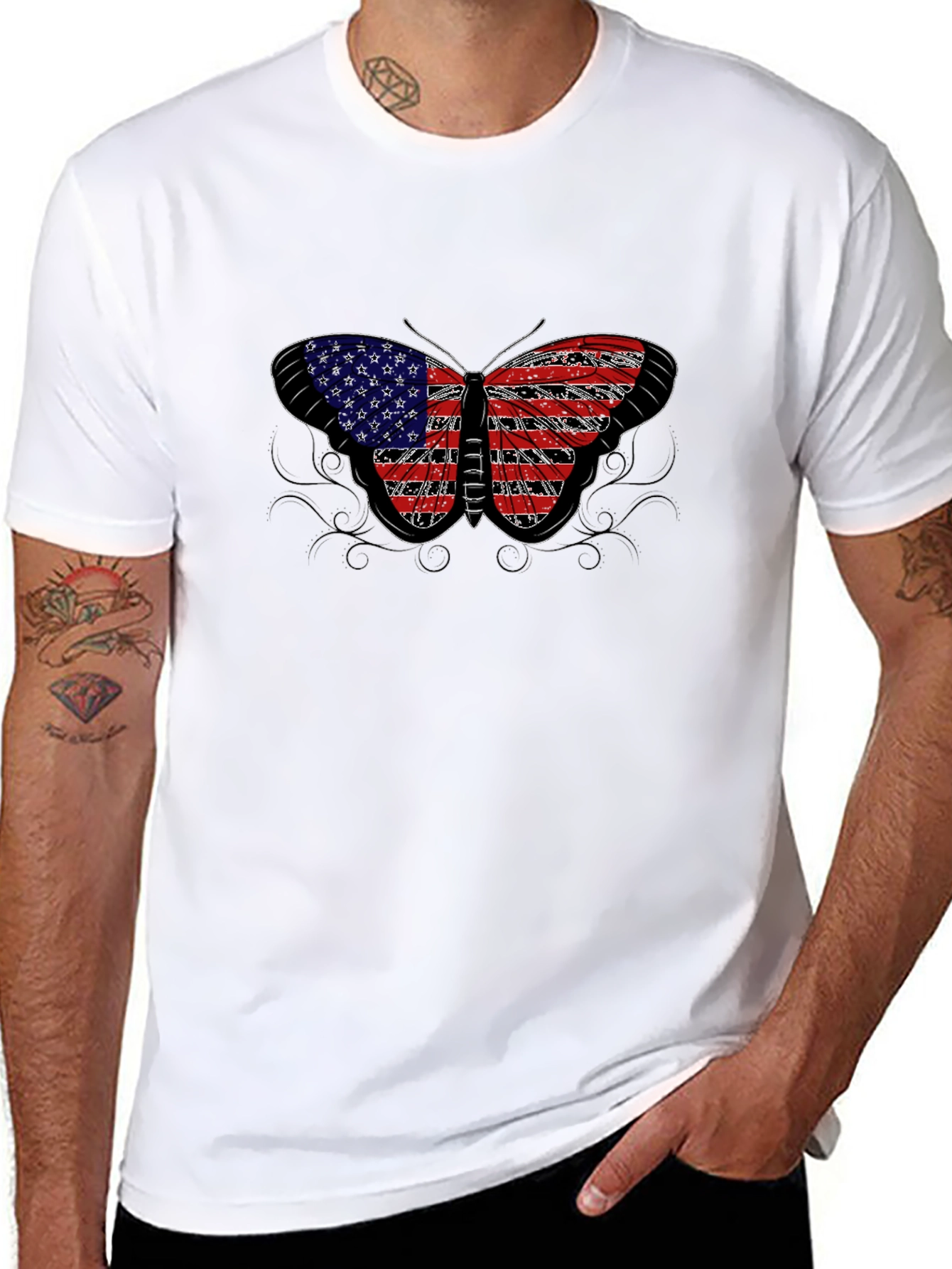 American Flag Butterfly Black T-Shirt
