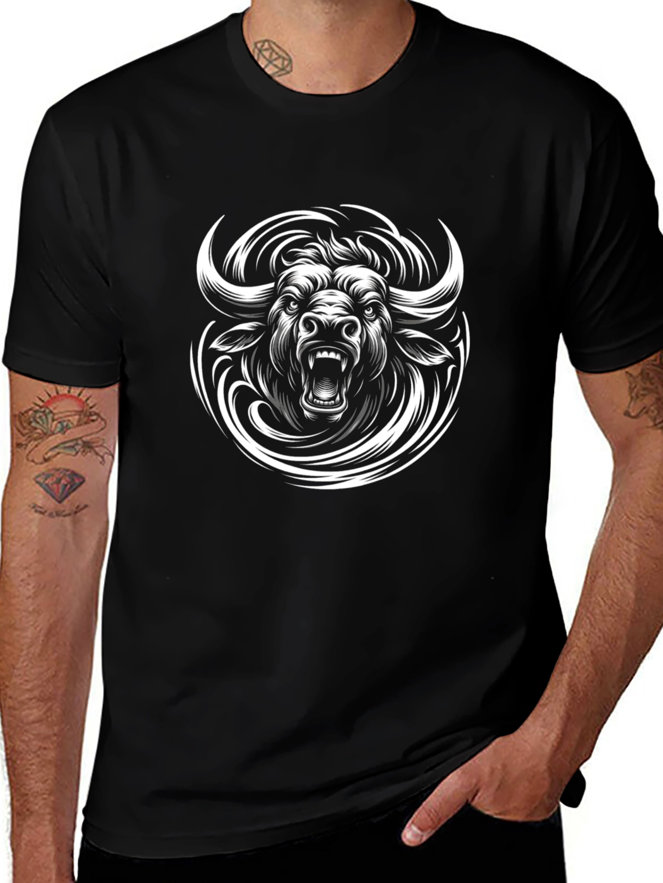 Black Bull Graphic Tee - Bold Animal Print