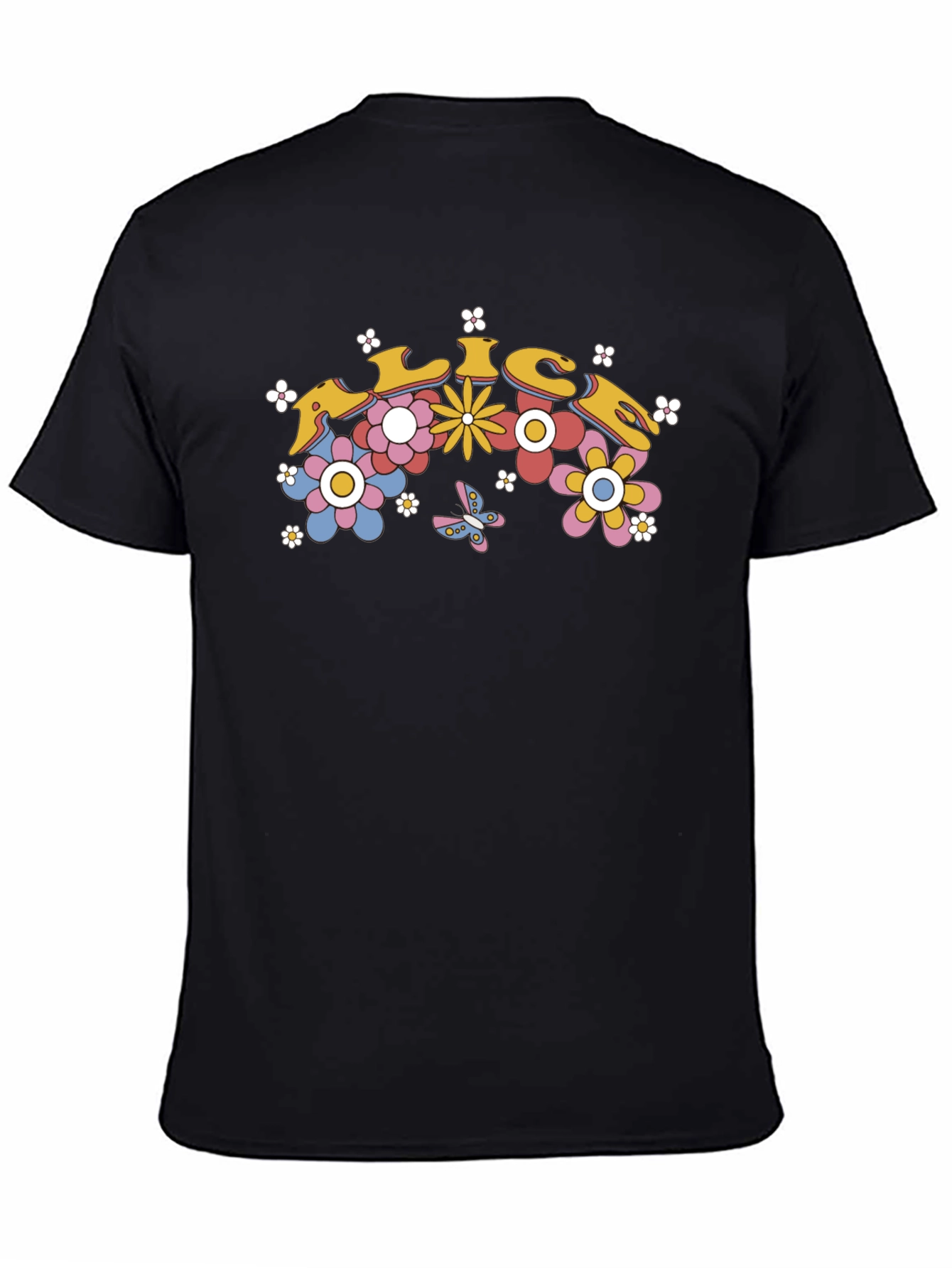 Retro Floral Graphic Tee - Black Cotton T-Shirt