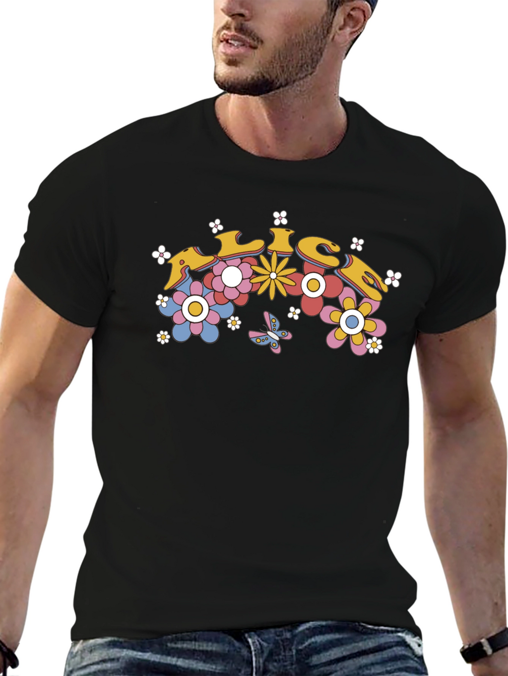 Retro Floral Graphic Tee - Black Cotton T-Shirt