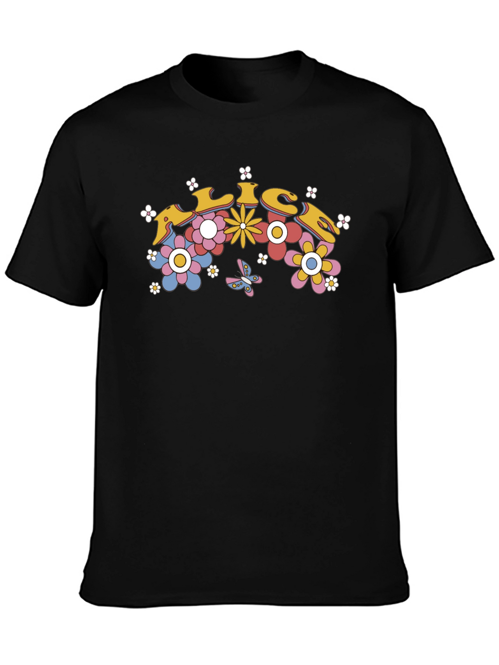 Retro Floral Graphic Tee - Black Cotton T-Shirt