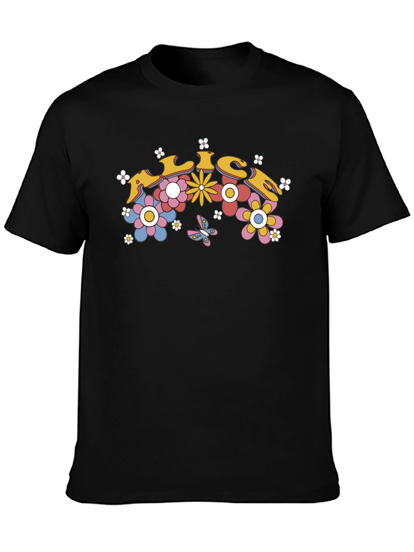 Retro Floral Graphic Tee - Black Cotton T-Shirt