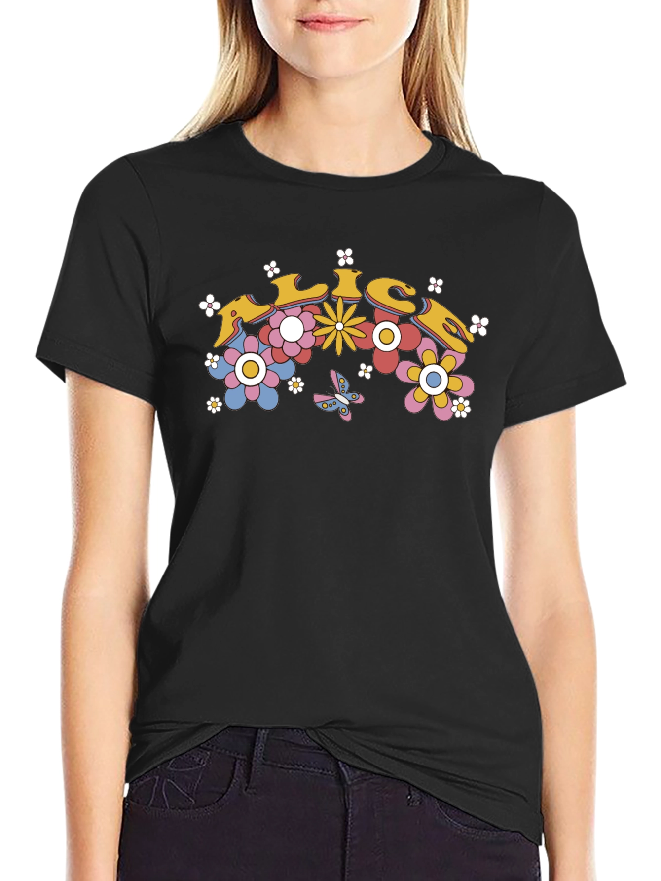 Retro Floral Graphic Tee - Black Cotton T-Shirt