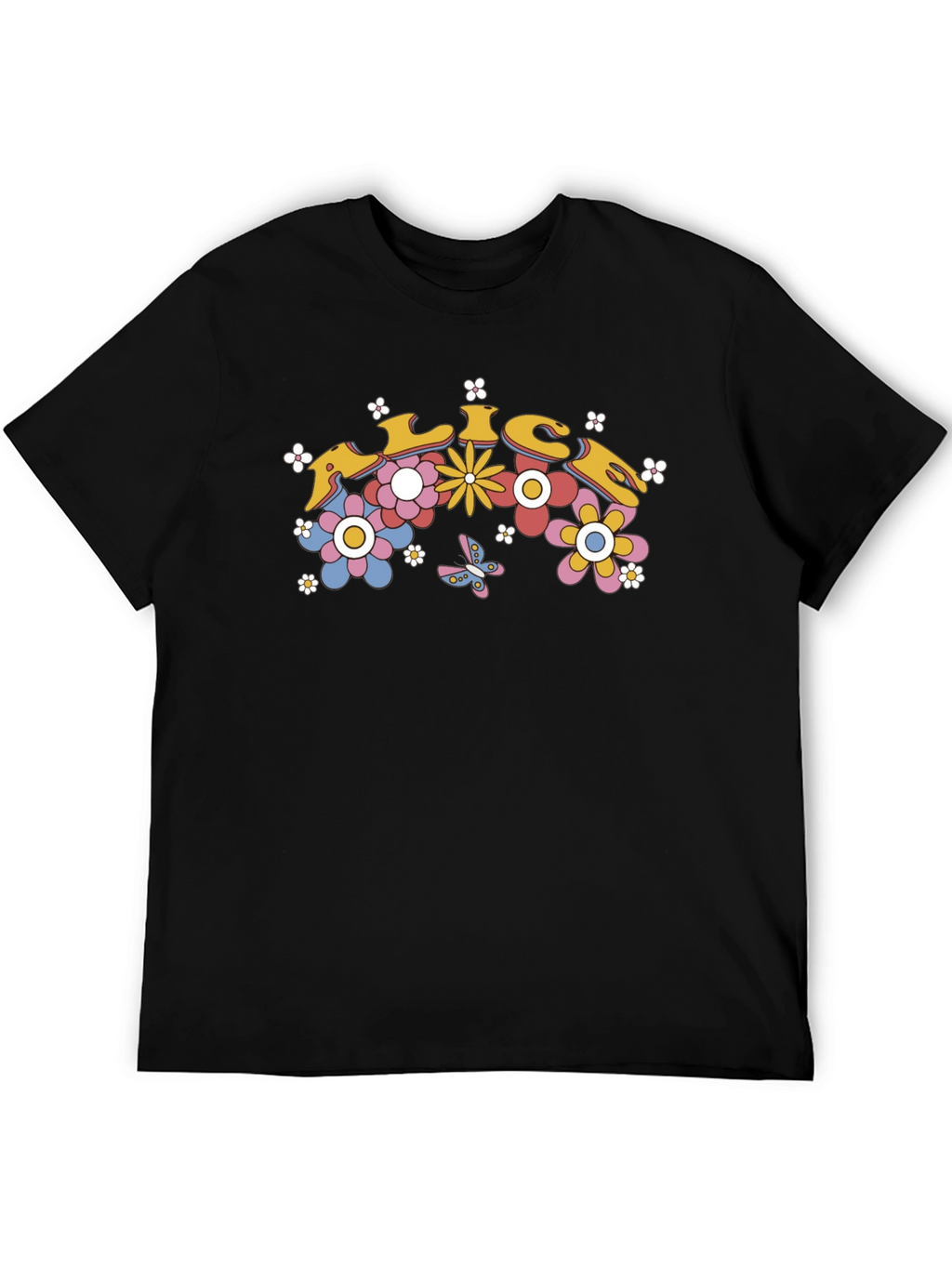 Retro Floral Graphic Tee - Black Cotton T-Shirt