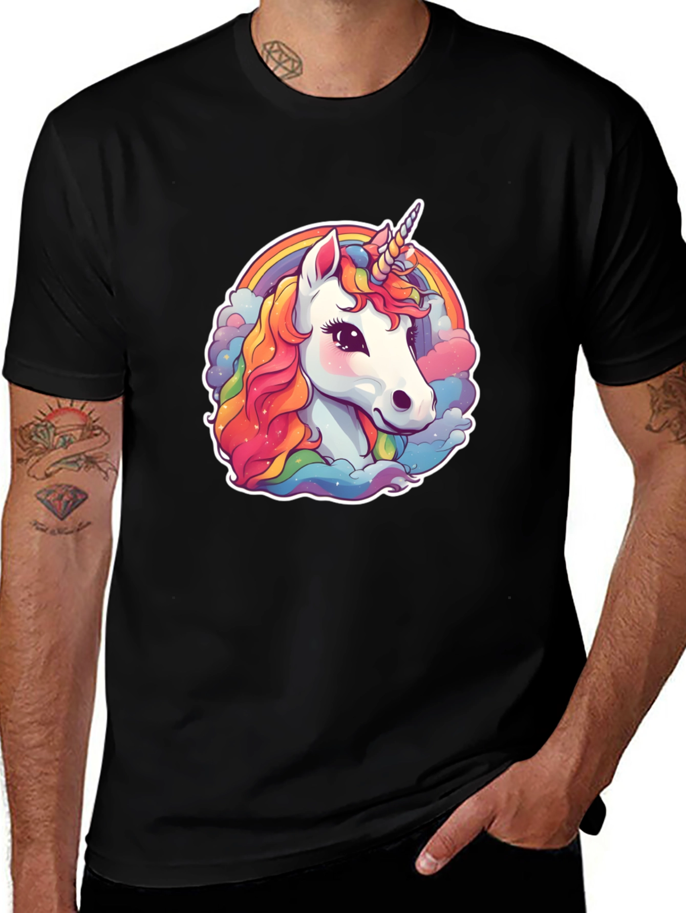 Unicorn Rainbow Graphic Tee - Black Cotton Blend