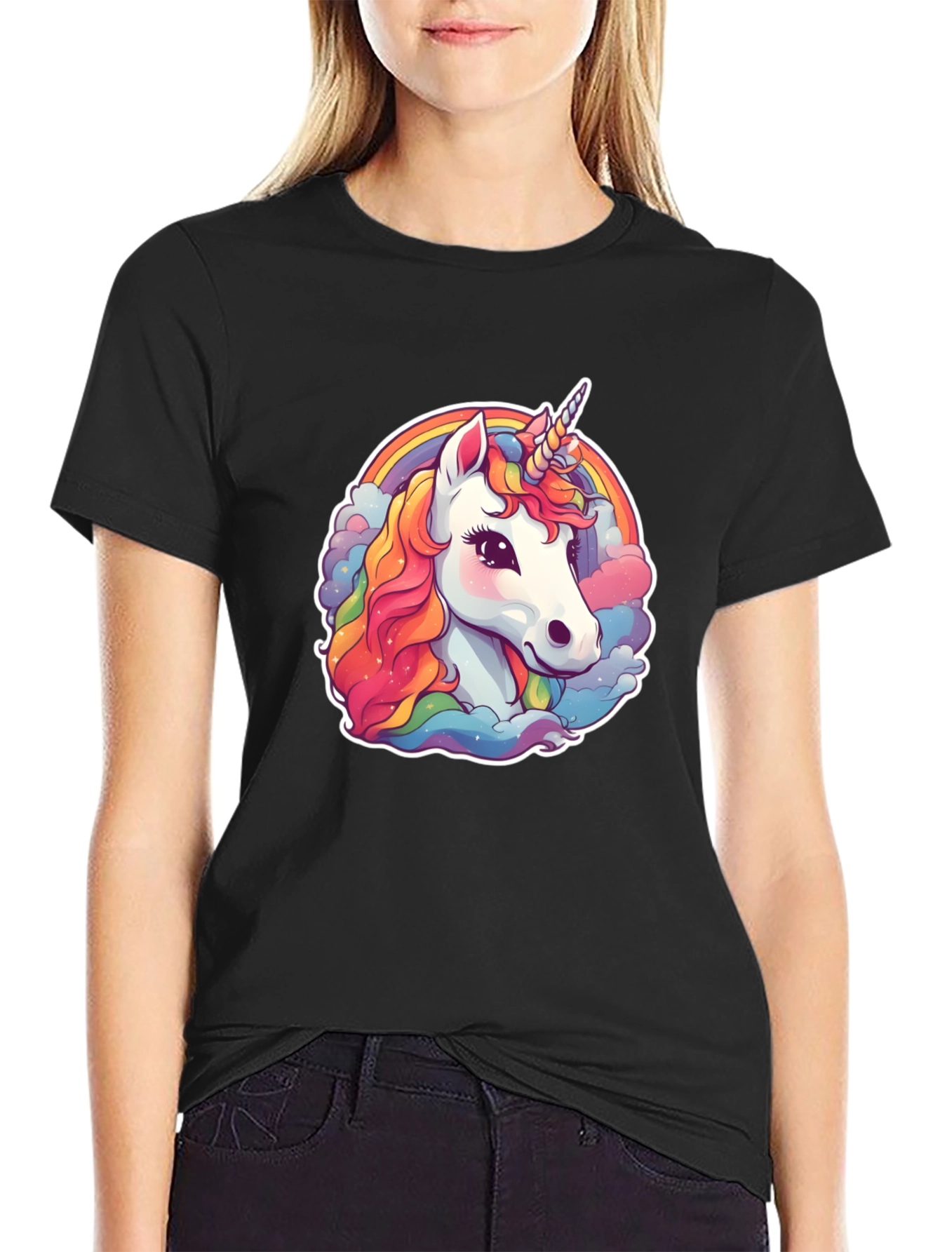 Unicorn Rainbow Graphic Tee - Black Cotton Blend