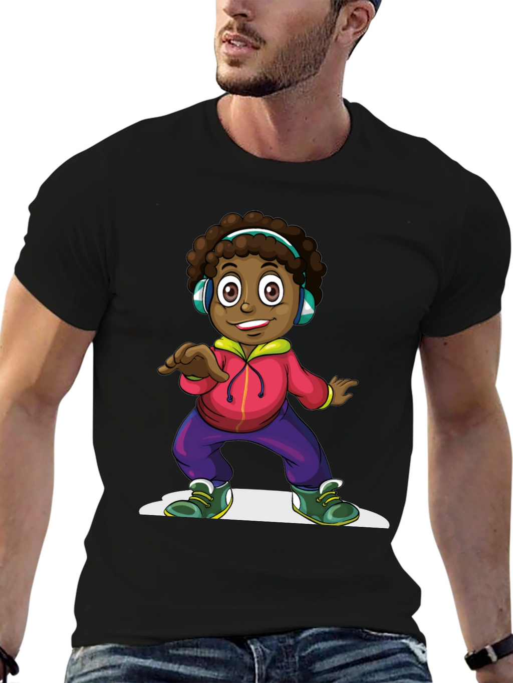 Cartoon Kid Dancing Black T-Shirt