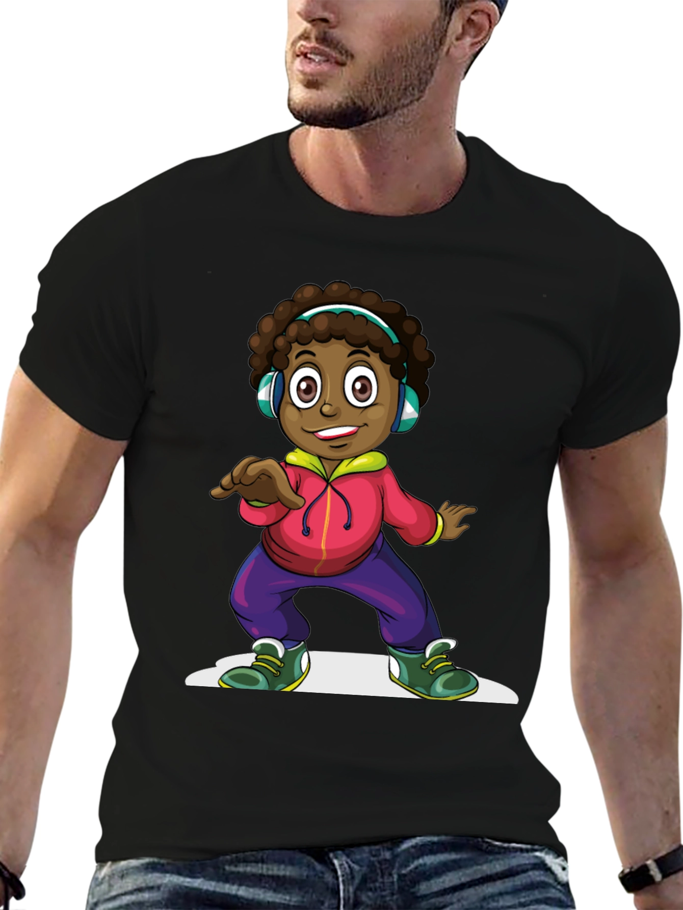 Cartoon Kid Dancing Black T-Shirt