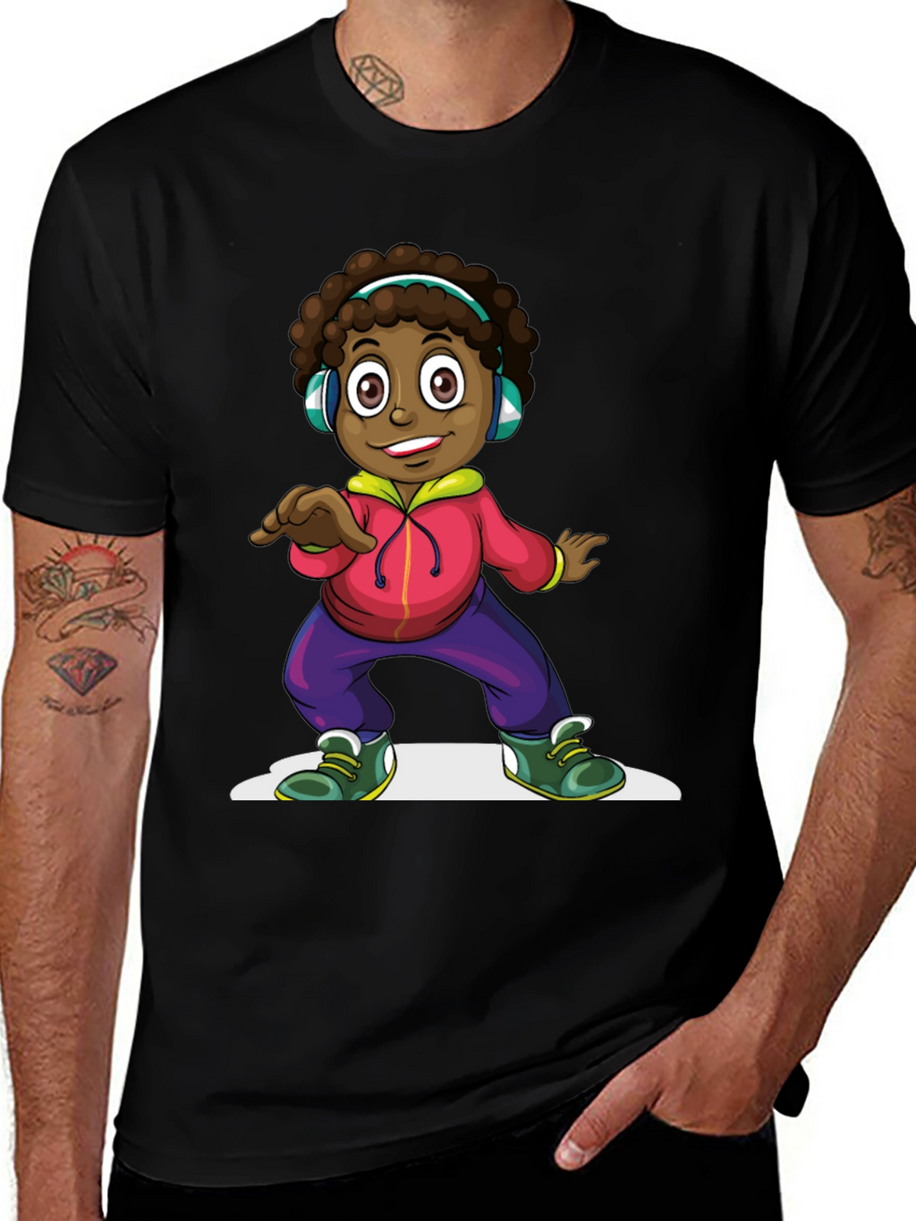 Cartoon Kid Dancing Black T-Shirt