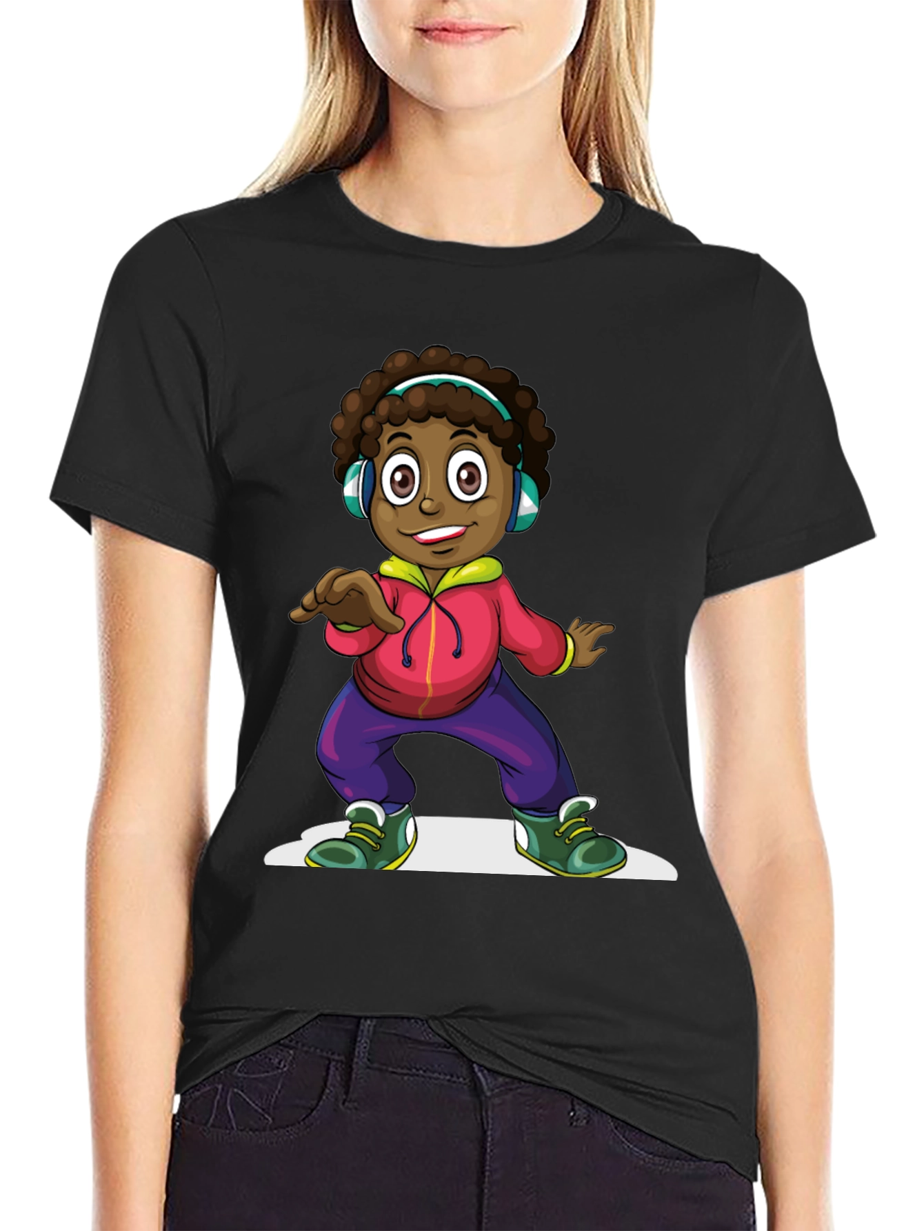 Cartoon Kid Dancing Black T-Shirt