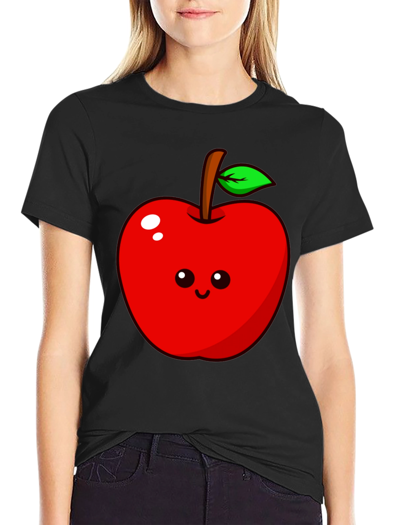 Cute Apple Graphic Tee - Black Cotton T-Shirt