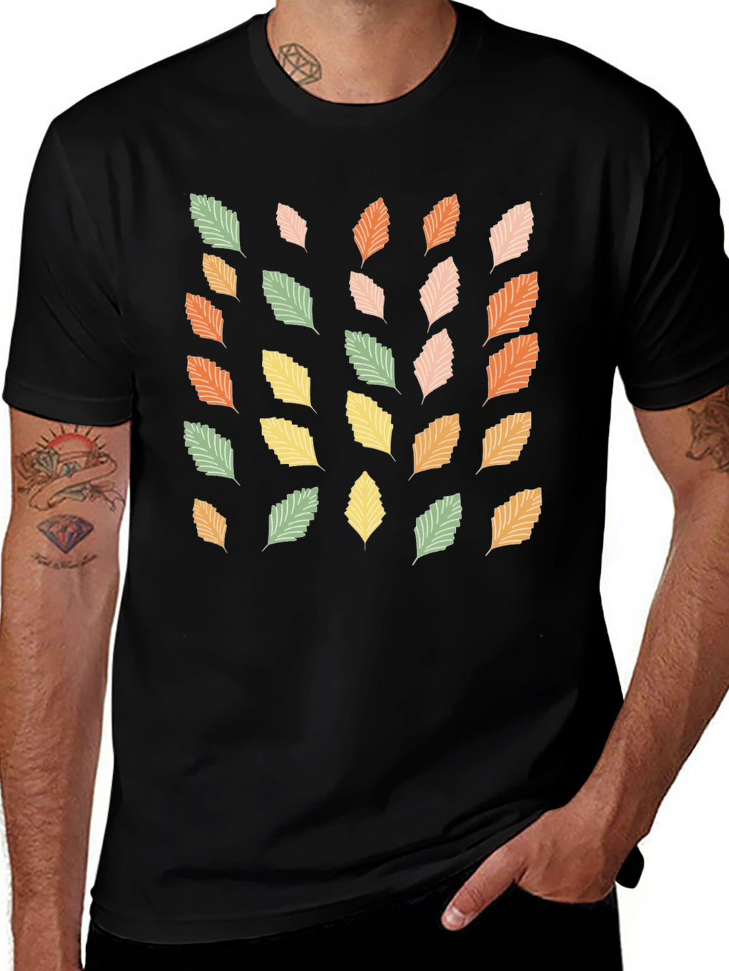Autumn Leaves Print Black T-Shirt