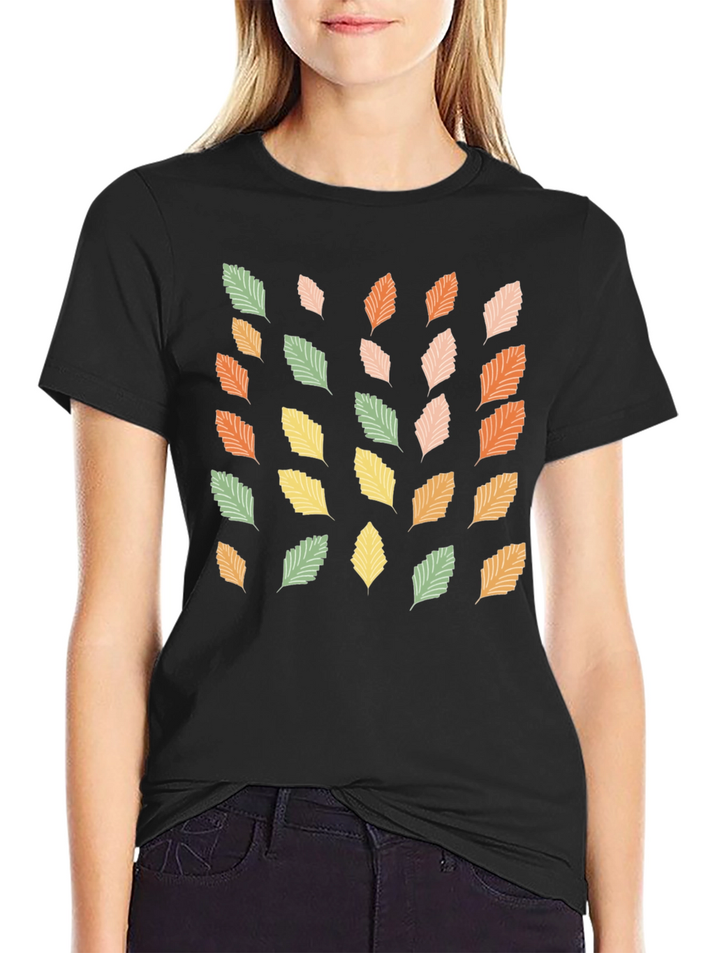 Autumn Leaves Print Black T-Shirt