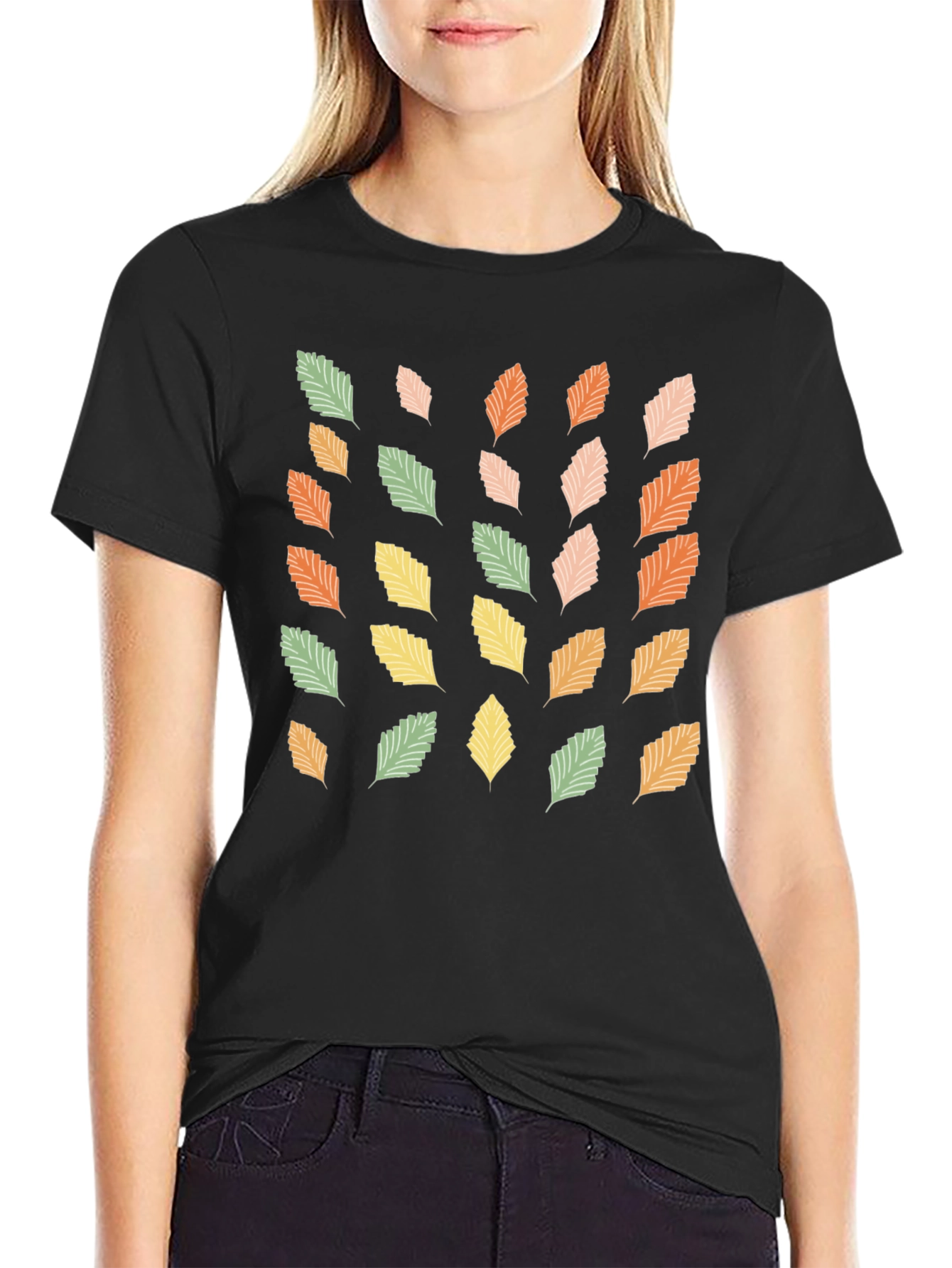Autumn Leaves Print Black T-Shirt