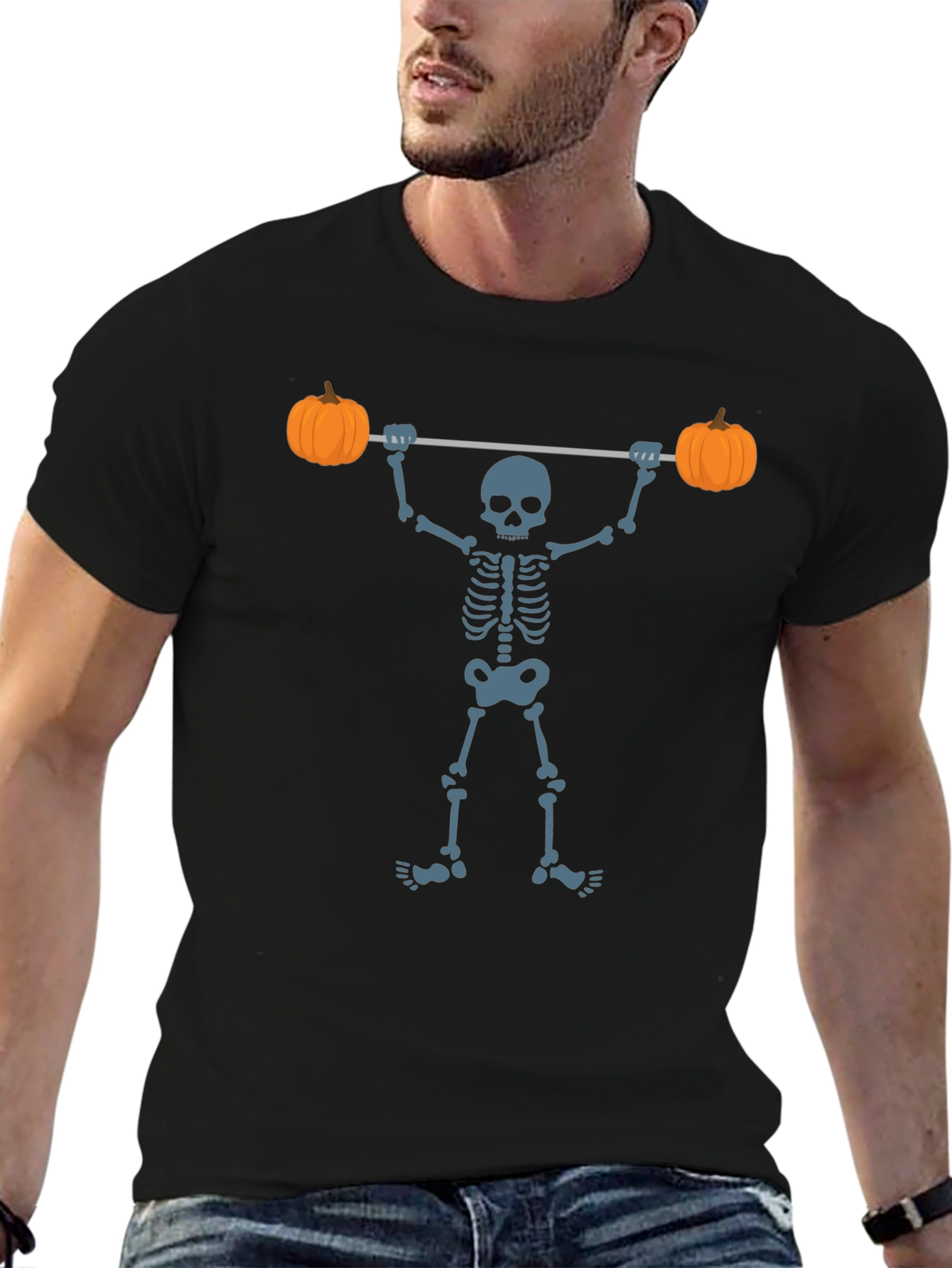 Halloween Skeleton Lifting Pumpkins T-Shirt