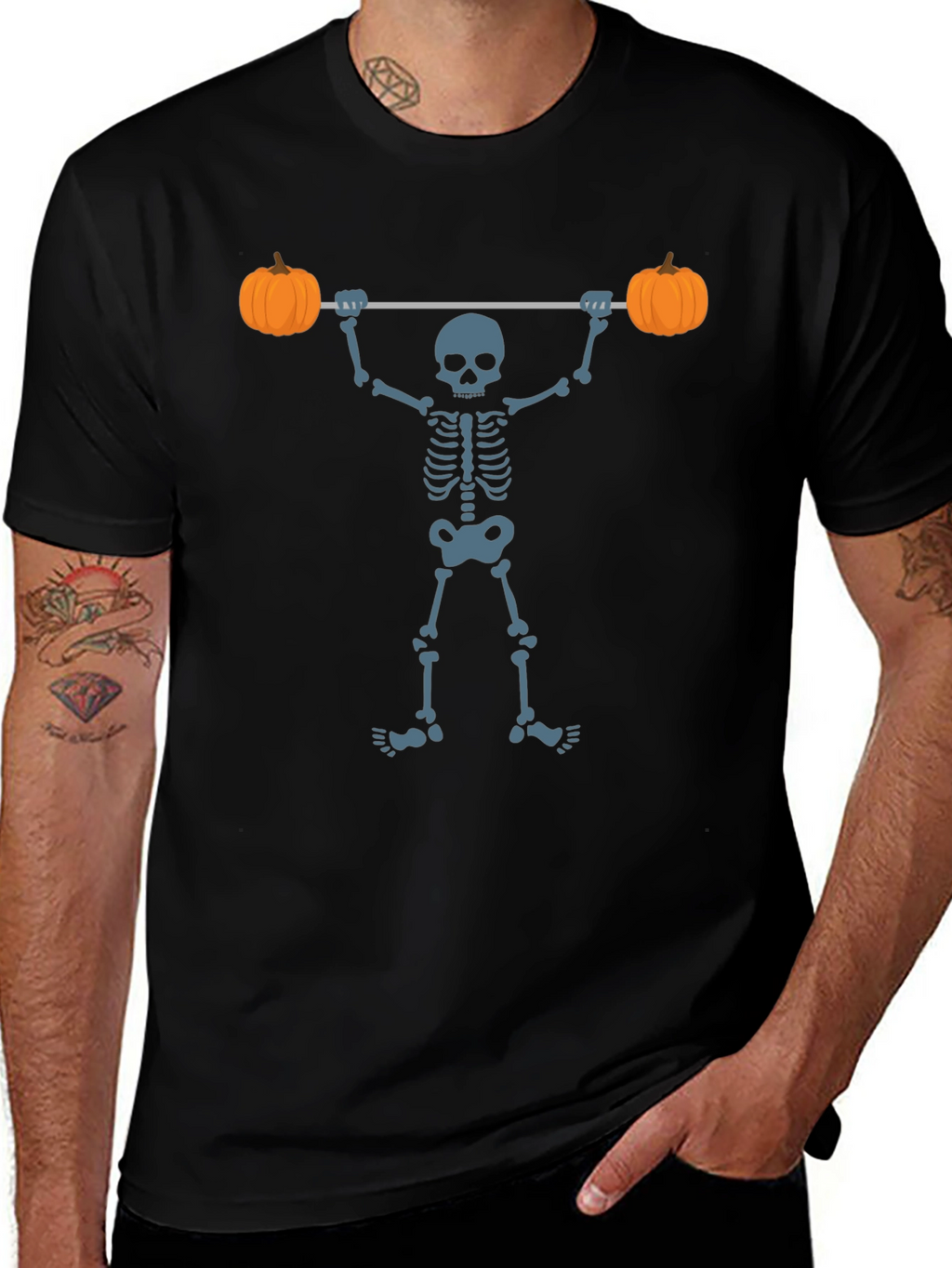 Halloween Skeleton Lifting Pumpkins T-Shirt
