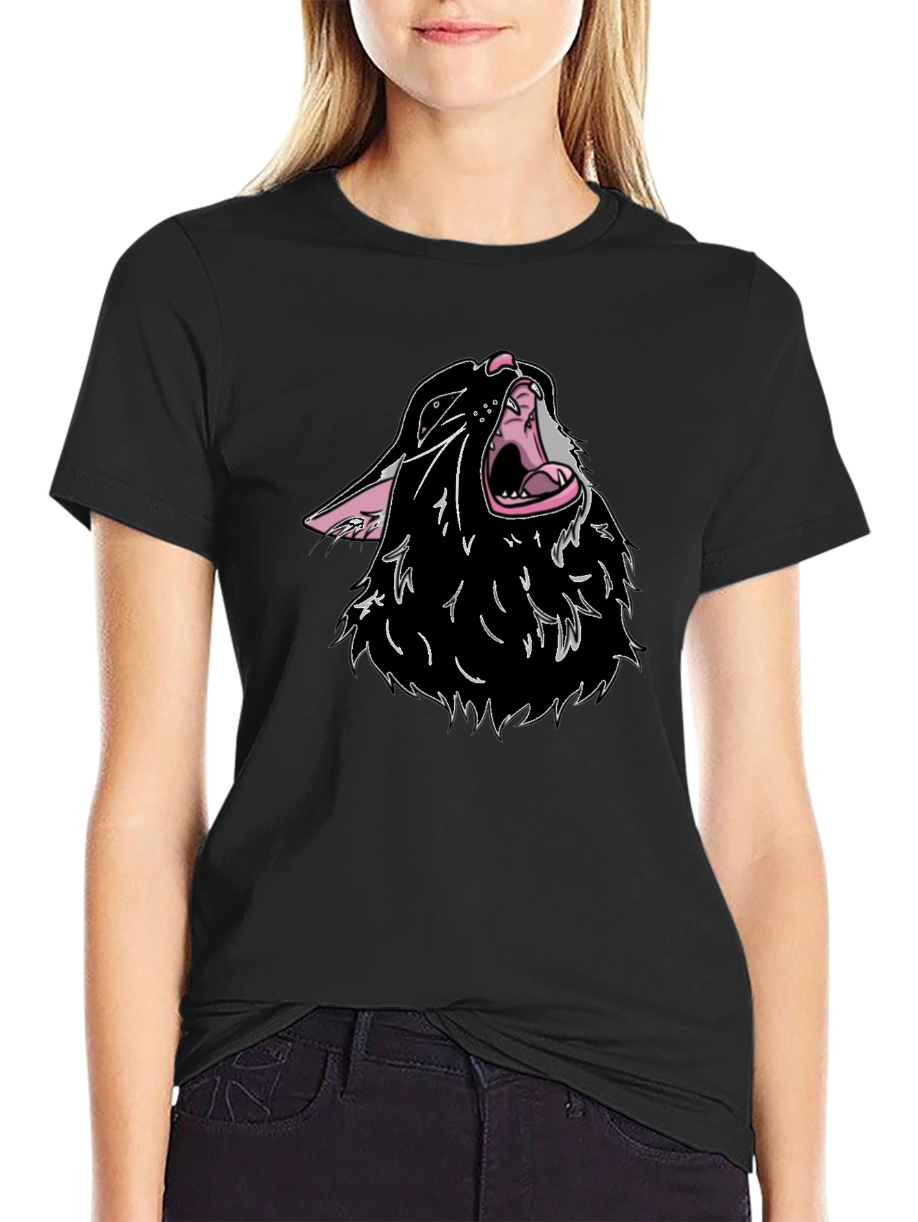 Black T-Shirt with Cartoon Wolf Design