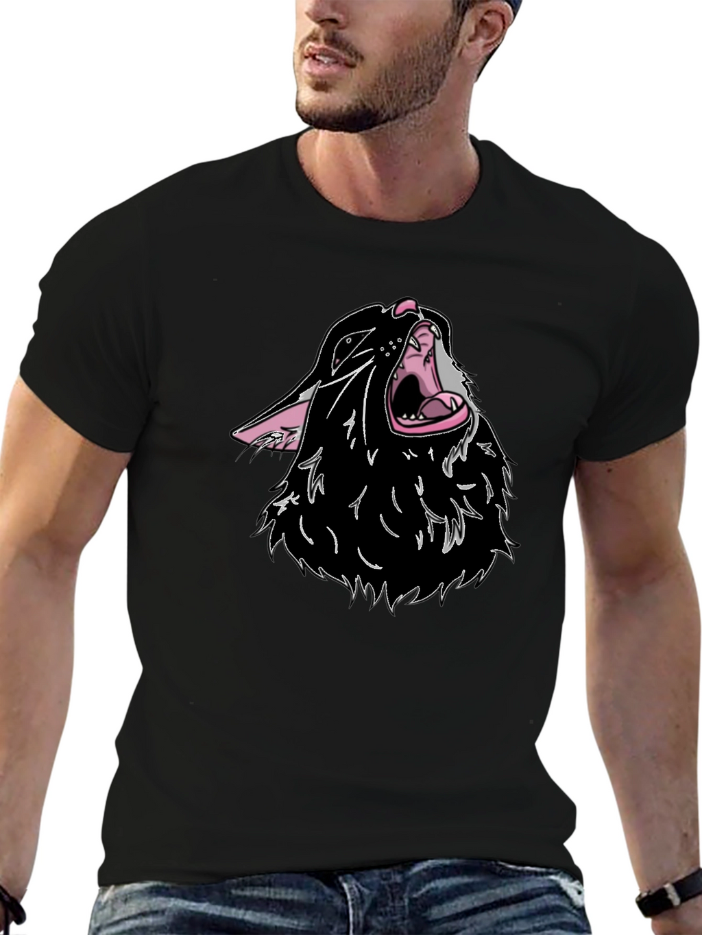 Black T-Shirt with Cartoon Wolf Design