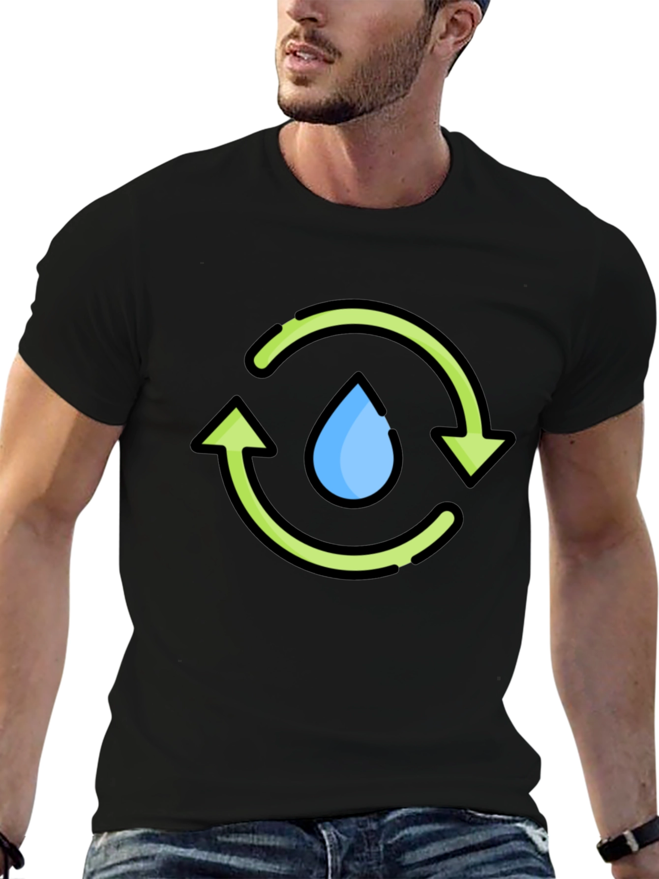 Recycle Water Drop Graphic Tee - Black Cotton T-Shirt