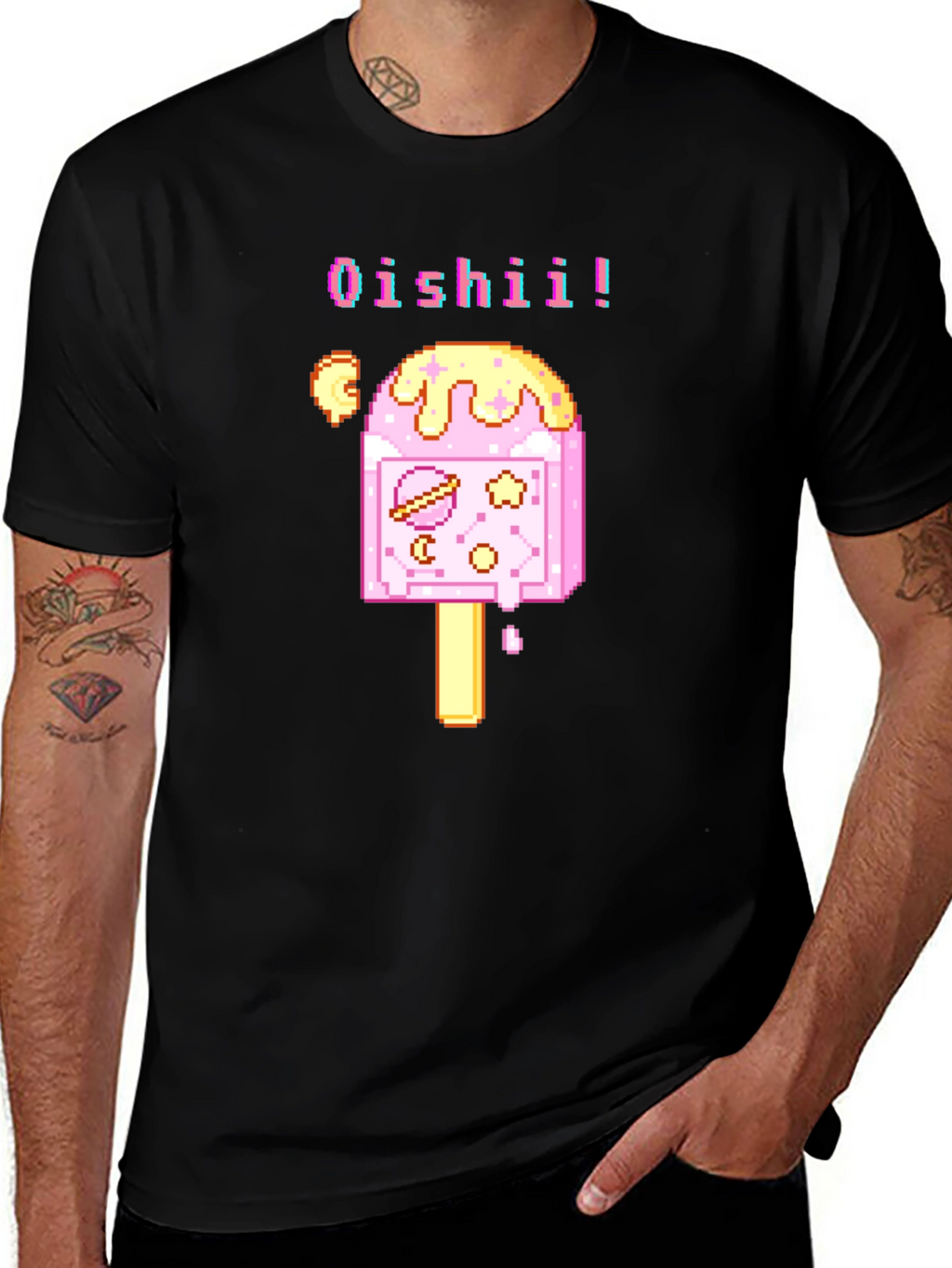 Oishii Pixel Art Ice Cream Black T-Shirt