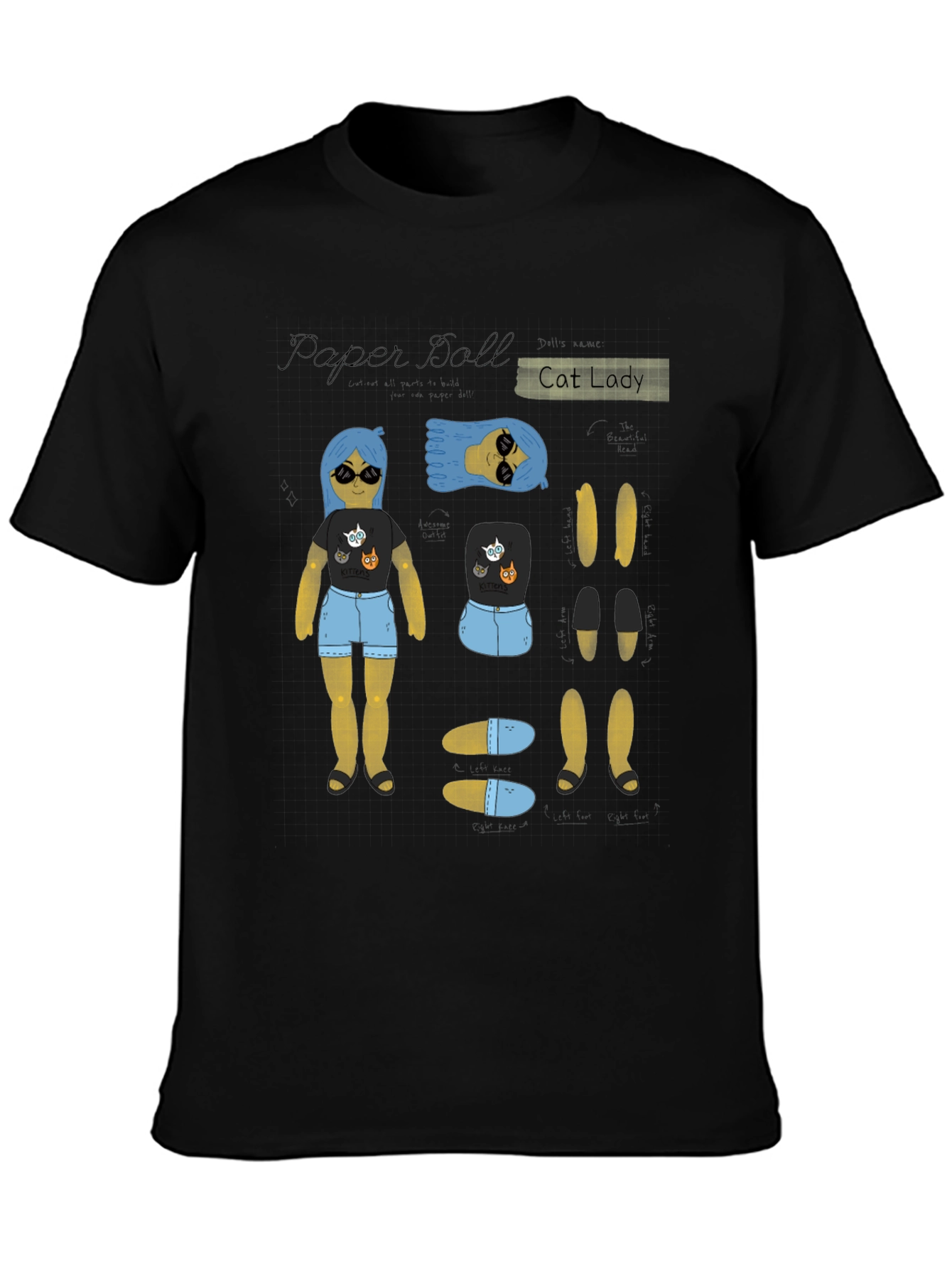 Paper Doll Cat Lady T-Shirt Novelty Tee