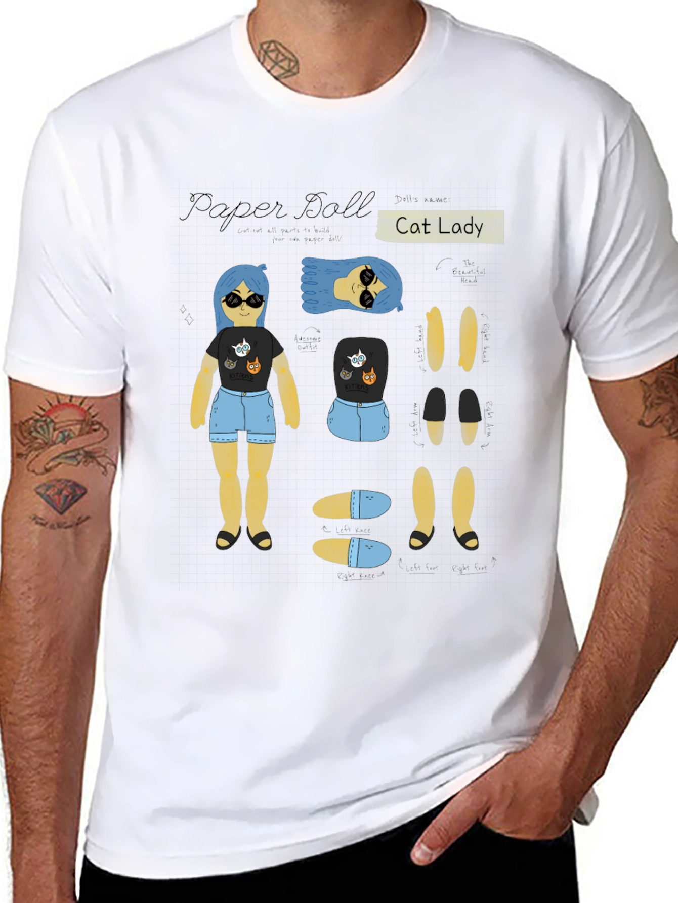 Paper Doll Cat Lady T-Shirt Novelty Tee