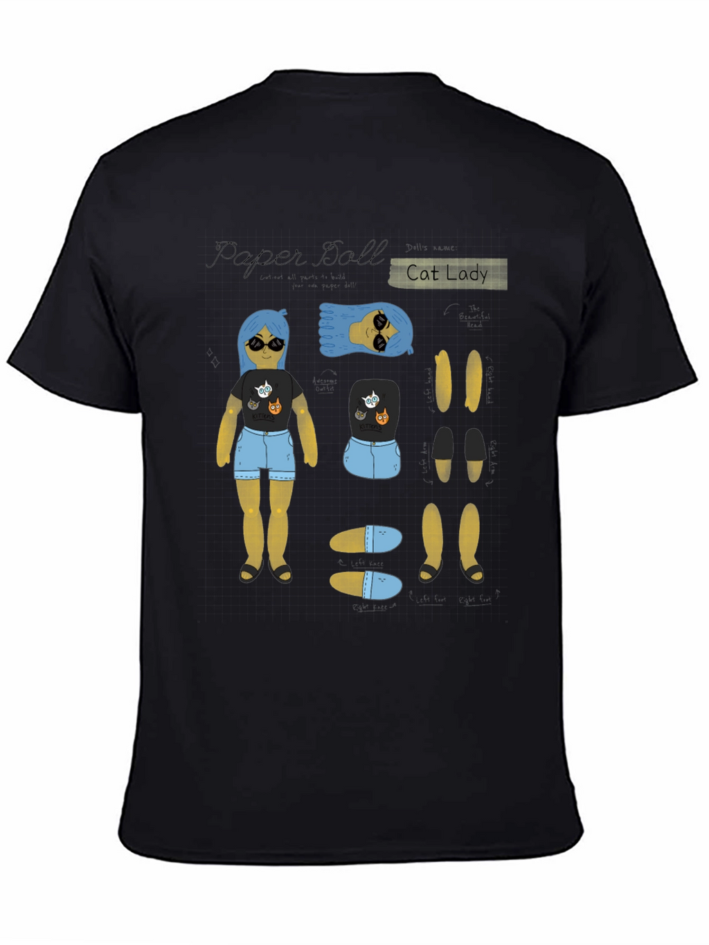 Paper Doll Cat Lady T-Shirt Novelty Tee