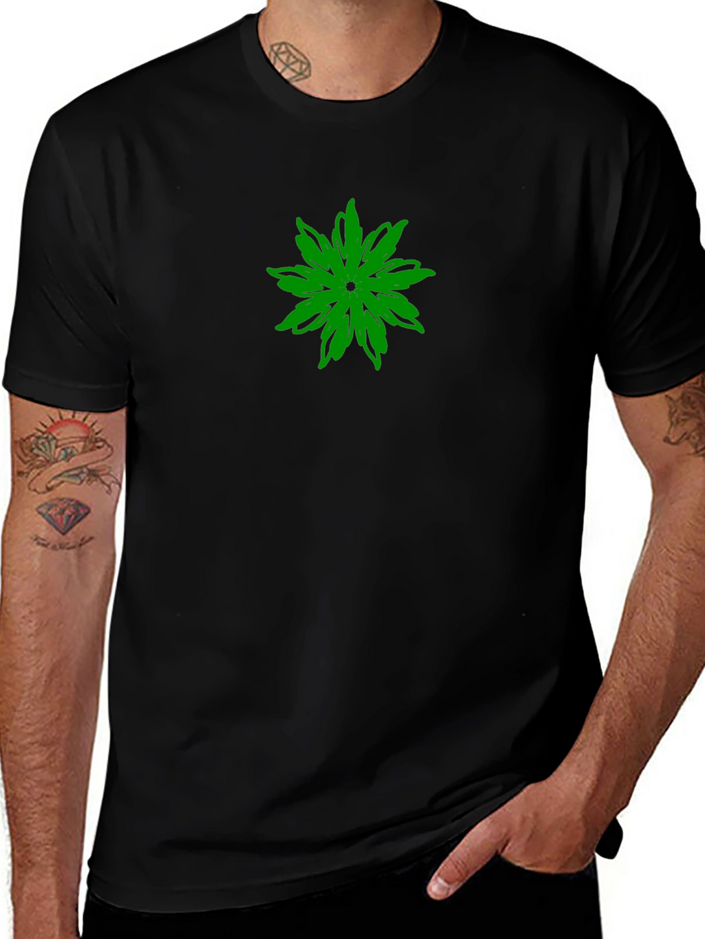 Green Flower Graphic Black T-Shirt