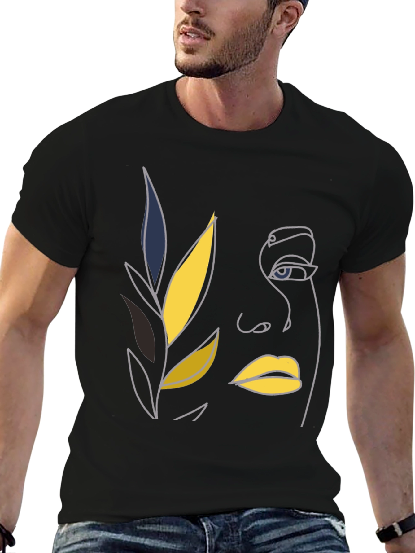 Abstract Face Line Art Black T-Shirt