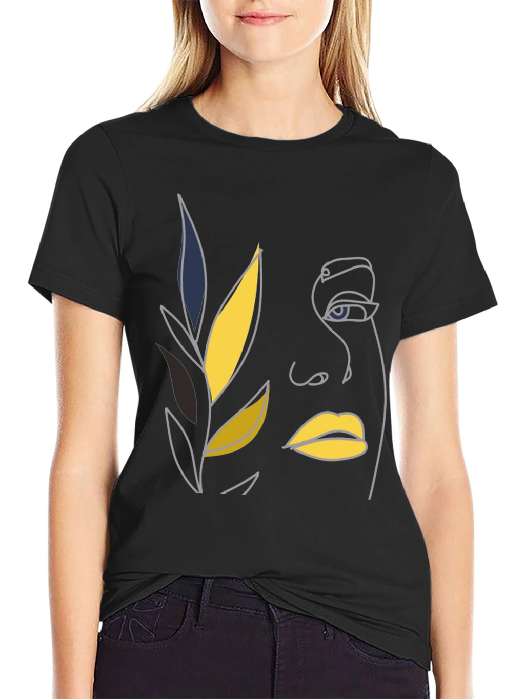Abstract Face Line Art Black T-Shirt