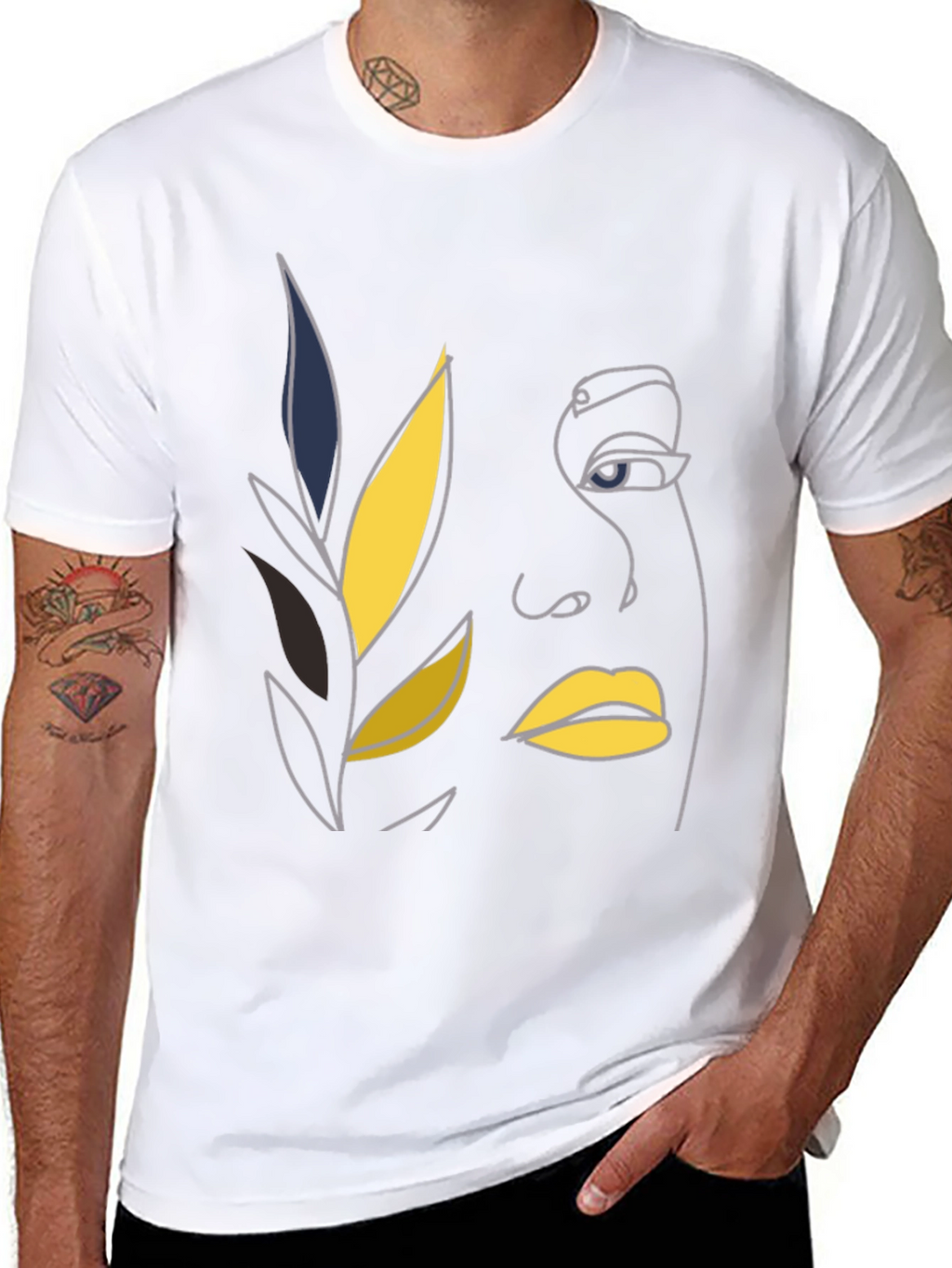 Abstract Face Line Art Black T-Shirt