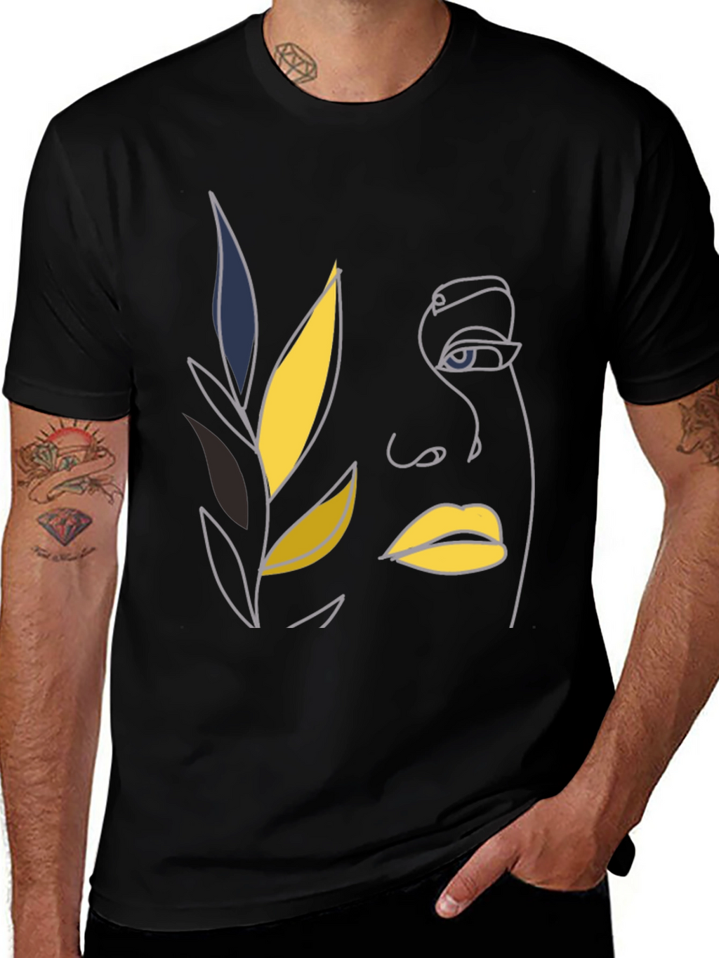 Abstract Face Line Art Black T-Shirt