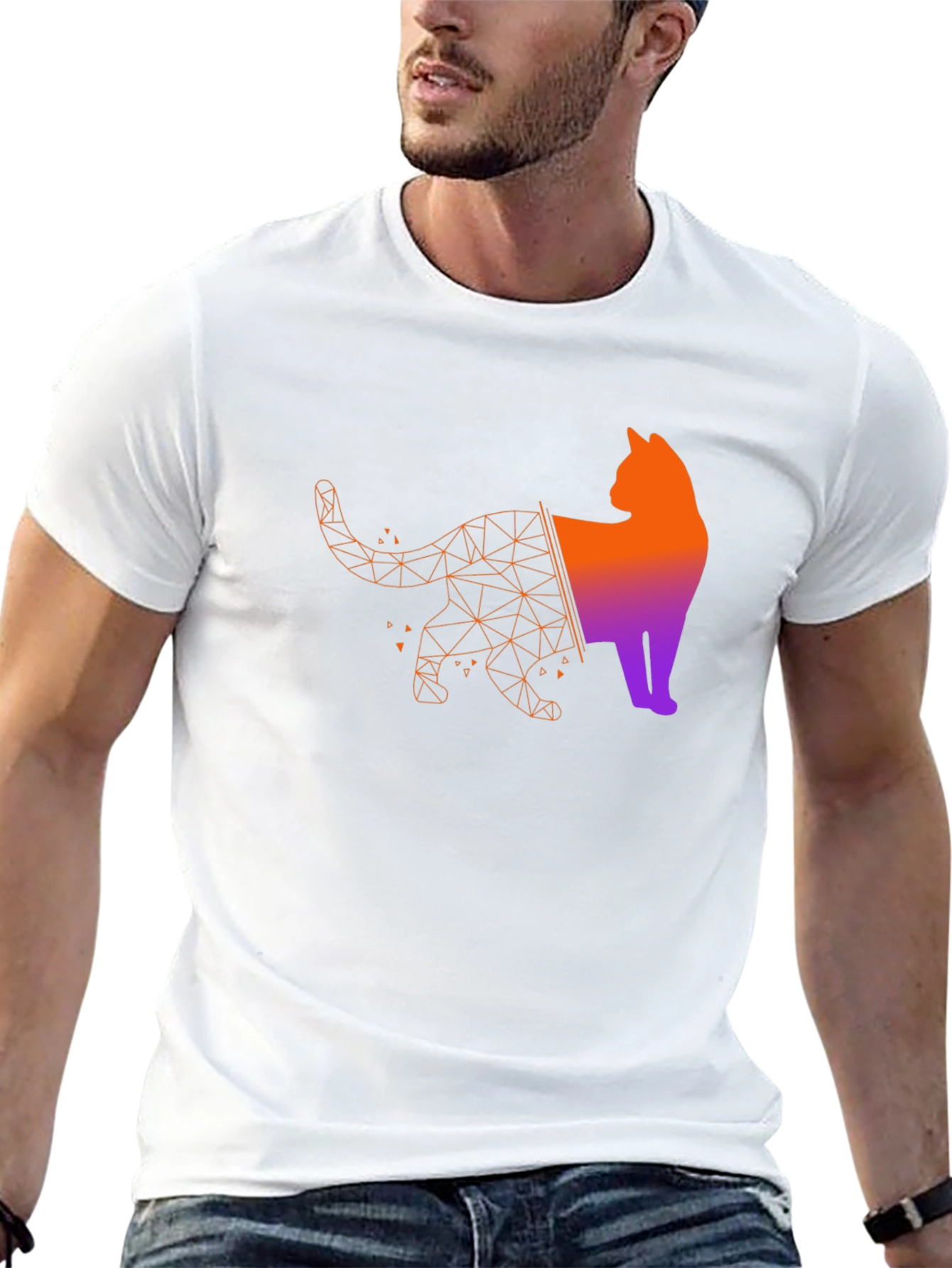Geometric Cat Graphic Tee - Modern Artistic Style