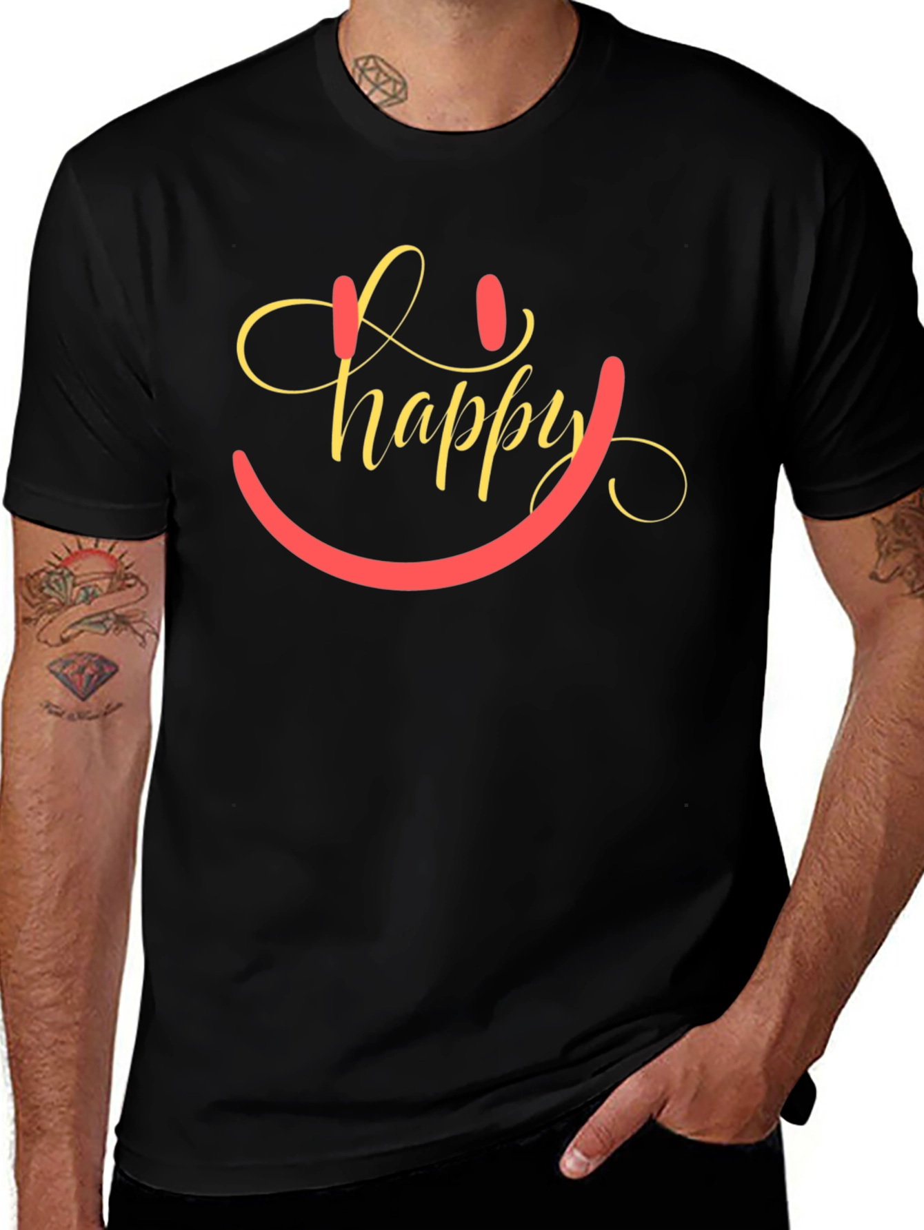 Happy Smiley Face Graphic Tee - Black Cotton Blend
