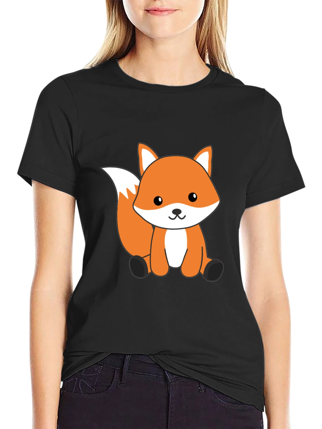 Cute Cartoon Fox Graphic T-Shirt - Black Cotton Tee