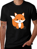 Cute Cartoon Fox Graphic T-Shirt - Black Cotton Tee